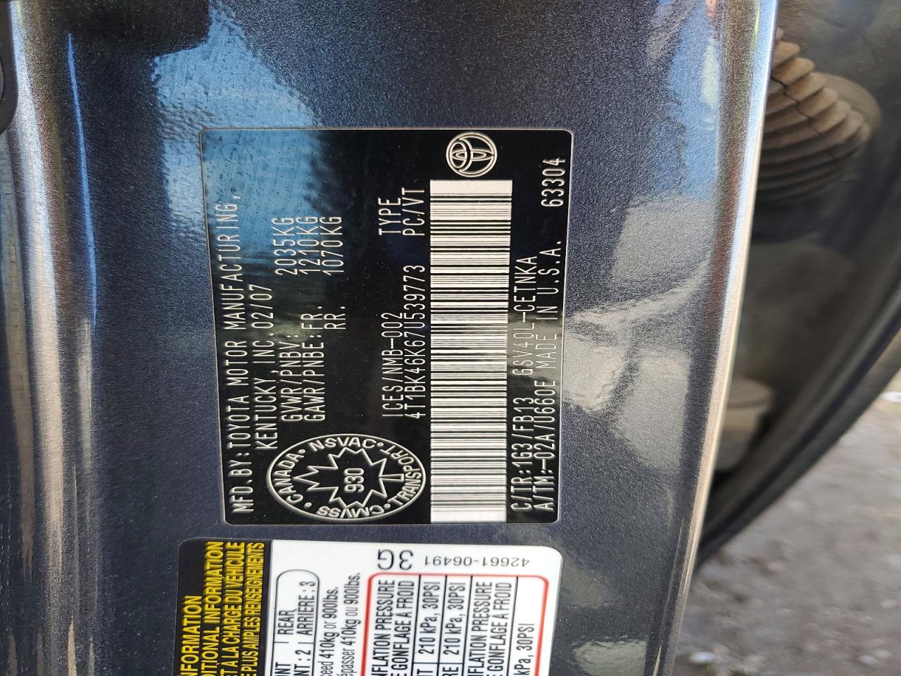2007 Toyota Camry Le V6 Gray vin: 4T1BK46K67U539773