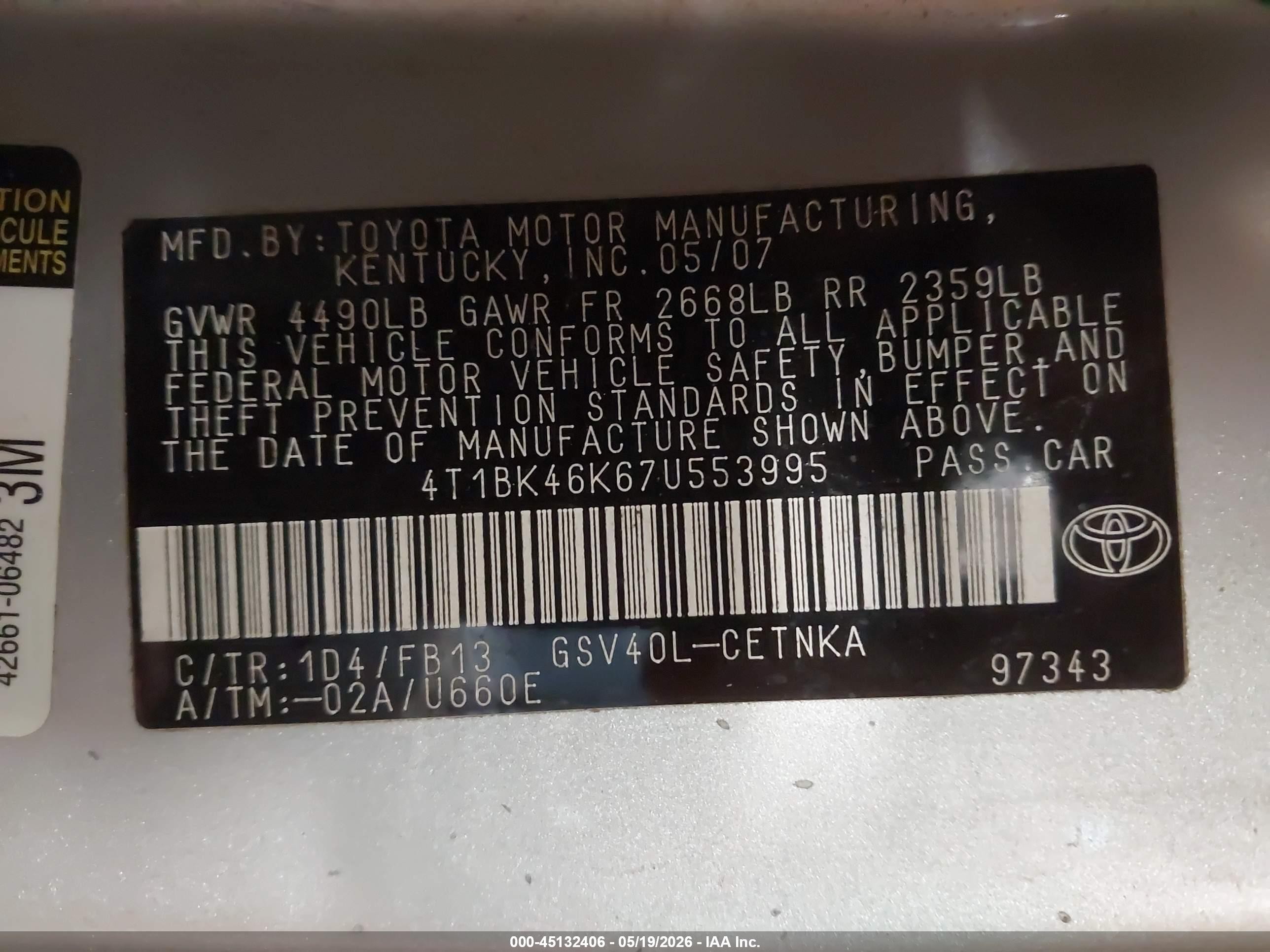 2007 Toyota Camry Le V6 Silver vin: 4T1BK46K67U553995