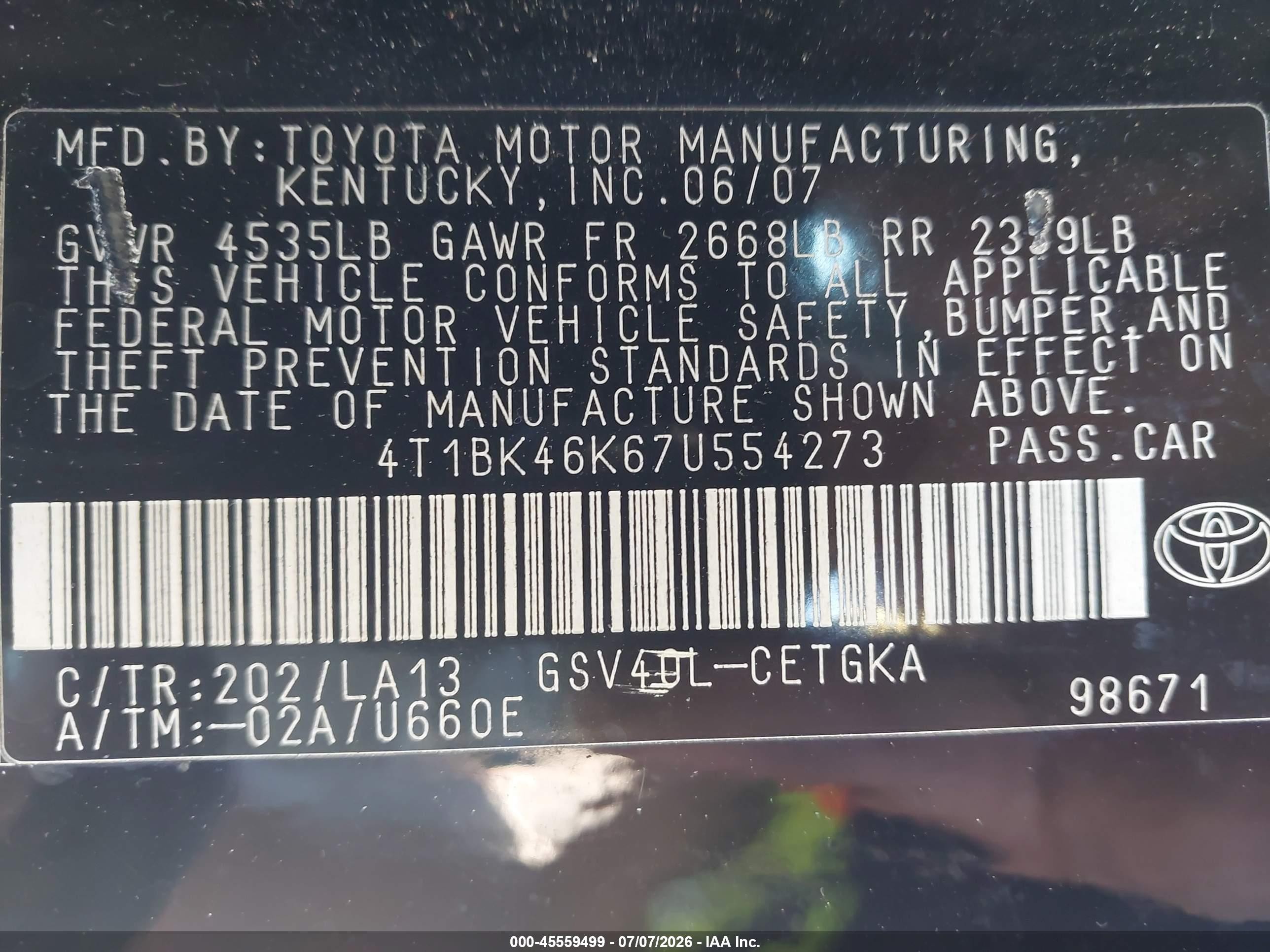 2007 Toyota Camry Xle V6 Black vin: 4T1BK46K67U554273