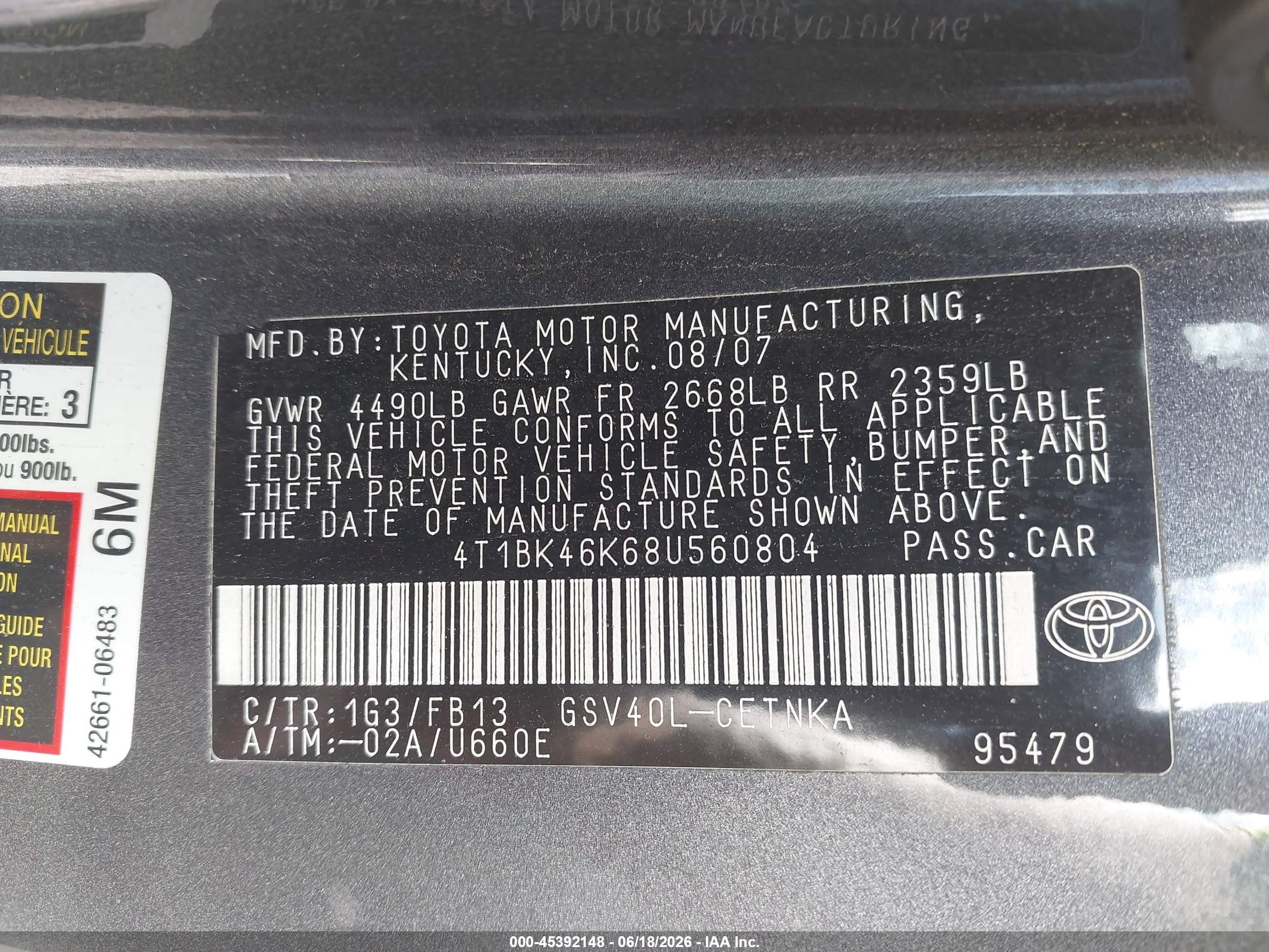 2008 Toyota Camry Le V6 Gray vin: 4T1BK46K68U560804