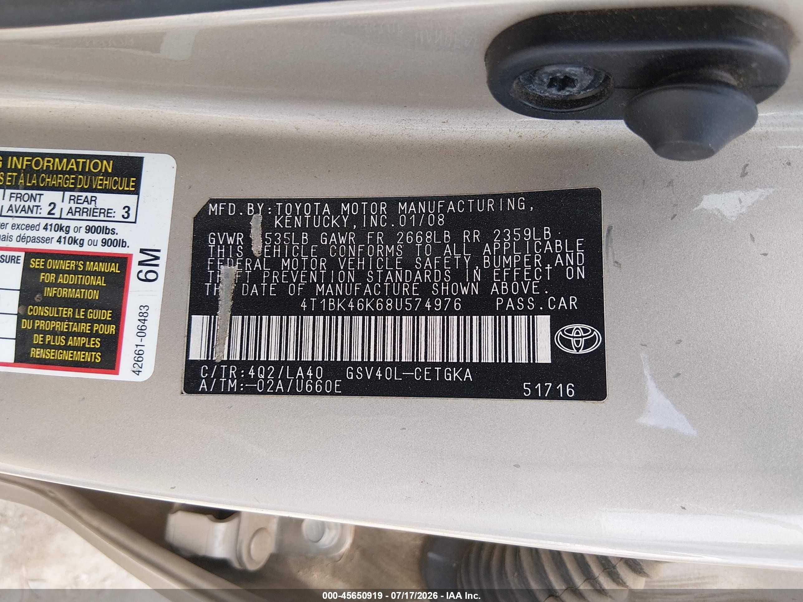 2008 Toyota Camry Xle Gold vin: 4T1BK46K68U574976