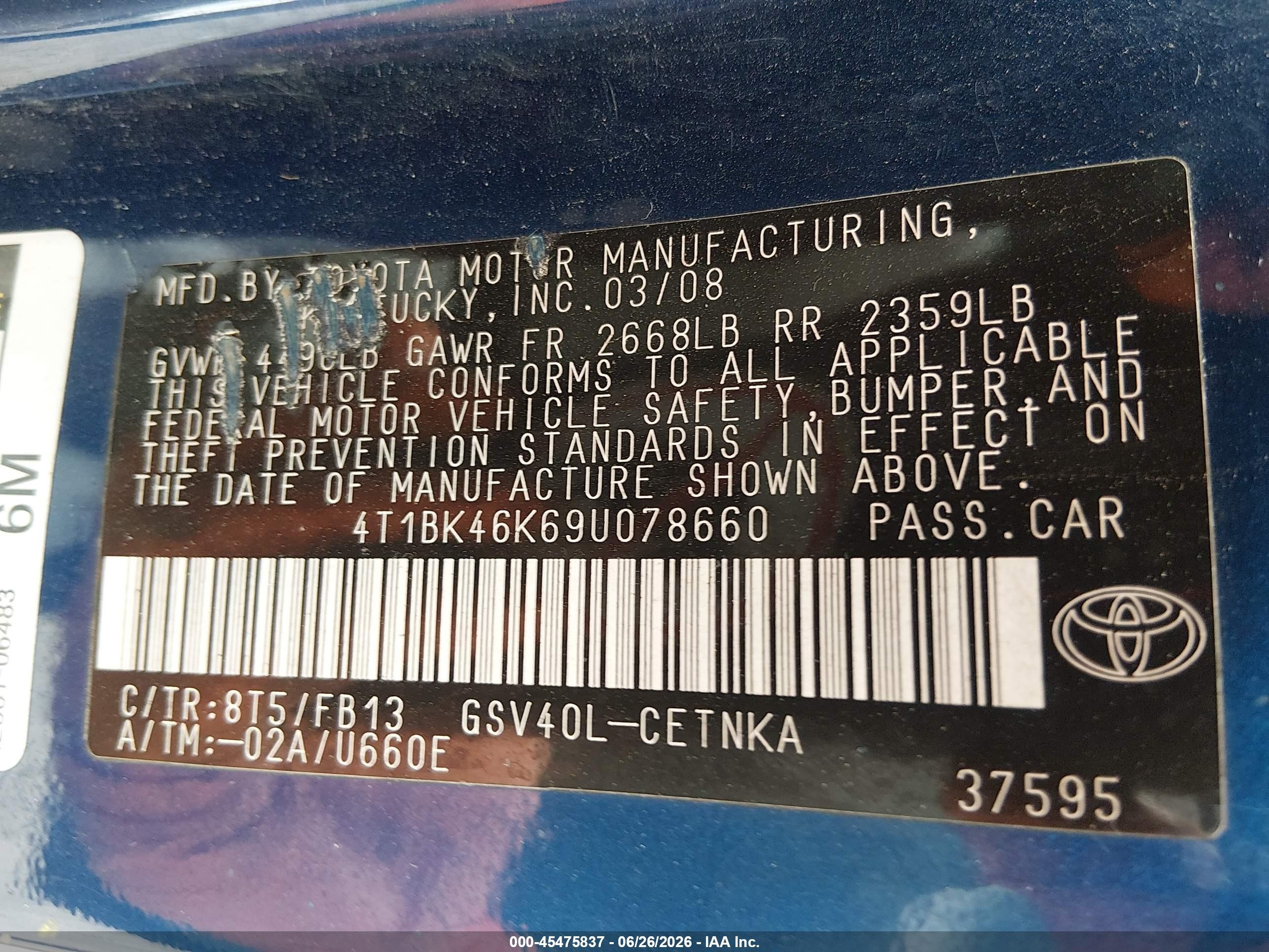 2009 Toyota Camry Le V6 Blue vin: 4T1BK46K69U078660