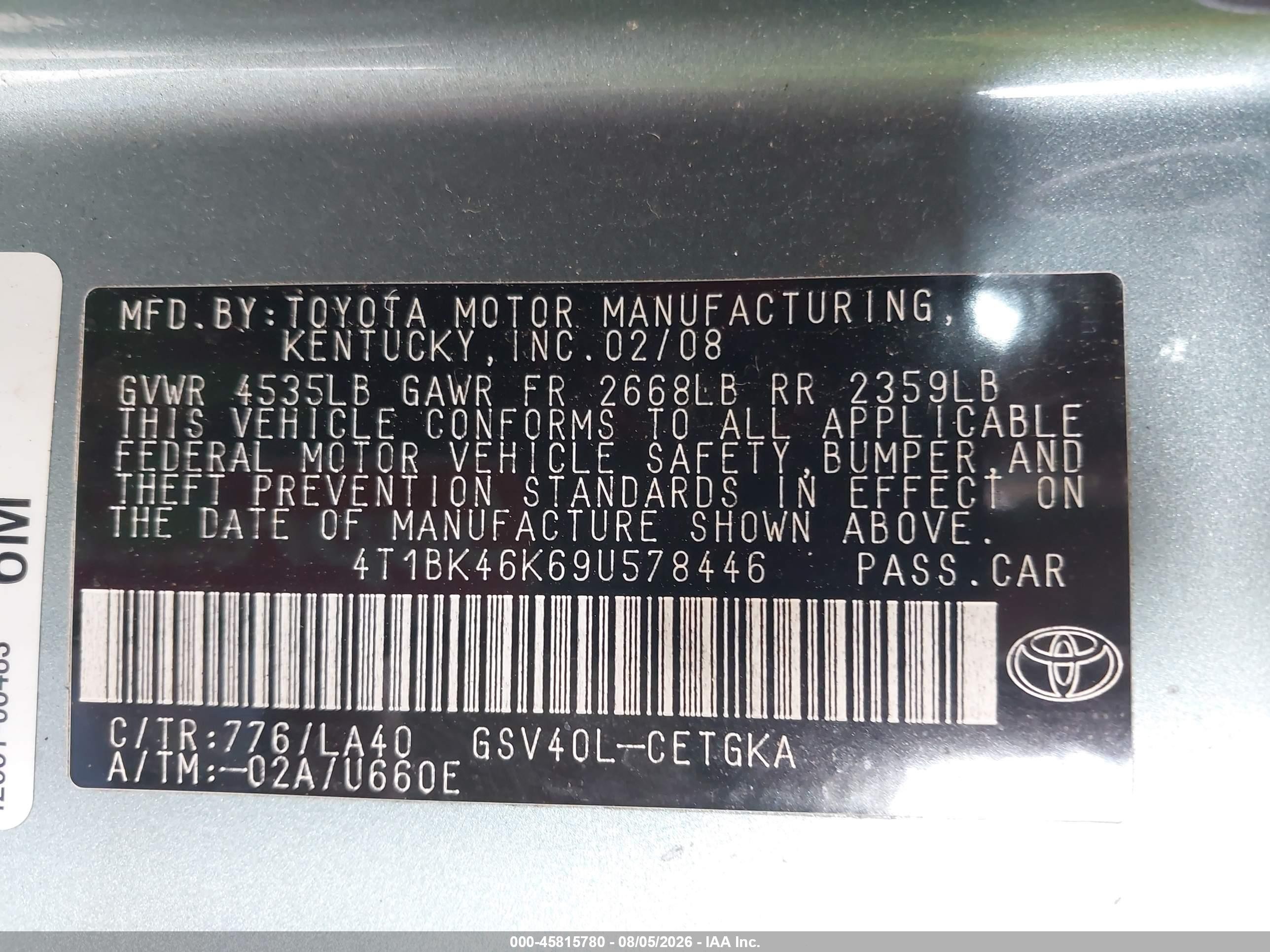 2009 Toyota Camry Xle V6 Turquoise vin: 4T1BK46K69U578446