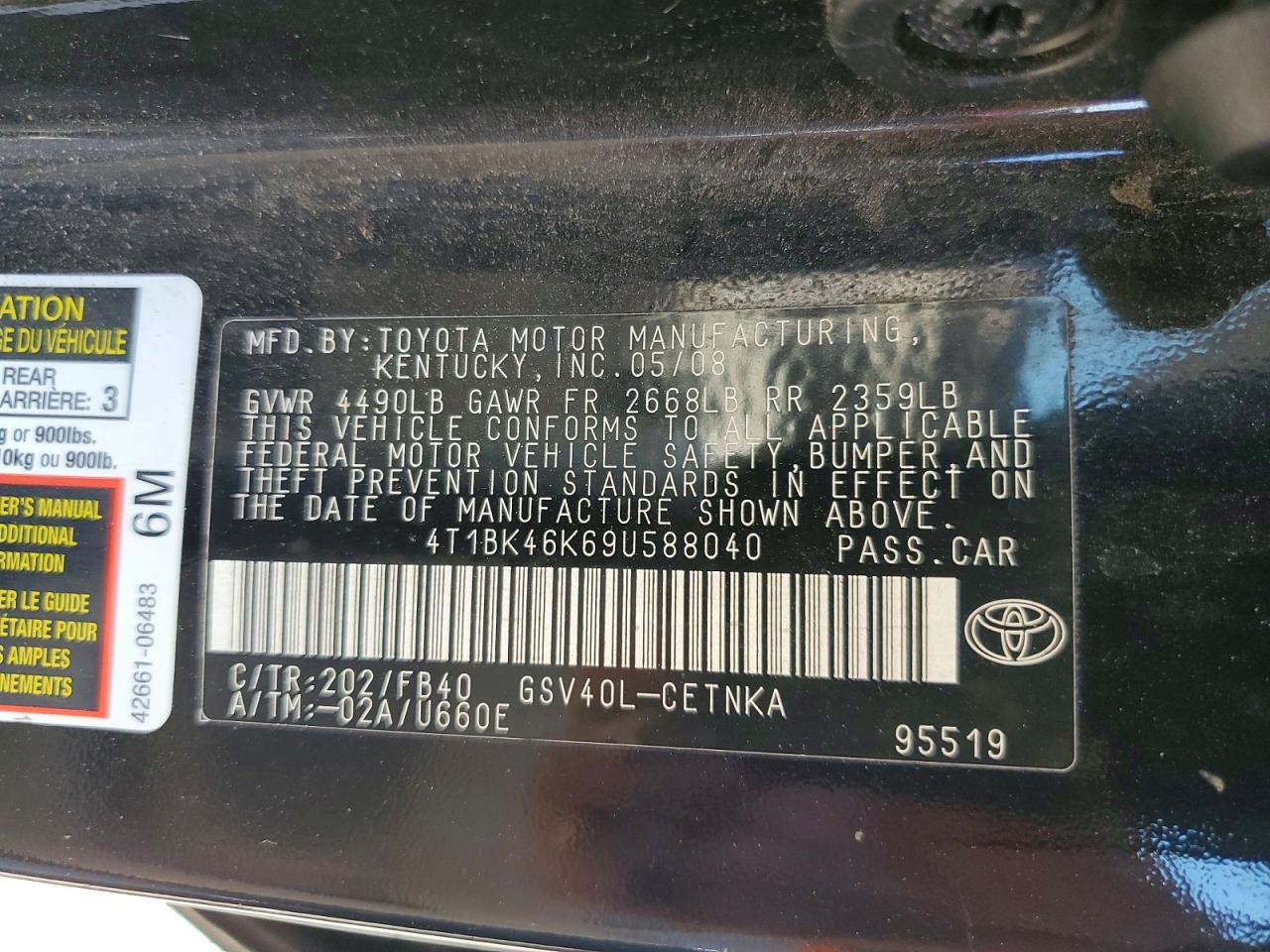 2009 Toyota Camry Le V6 Черный vin: 4T1BK46K69U588040