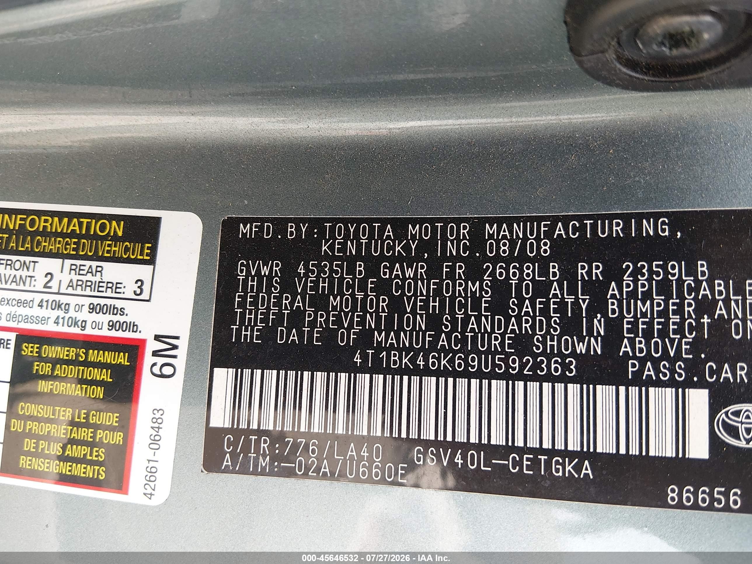 2009 Toyota Camry Xle V6 Green vin: 4T1BK46K69U592363