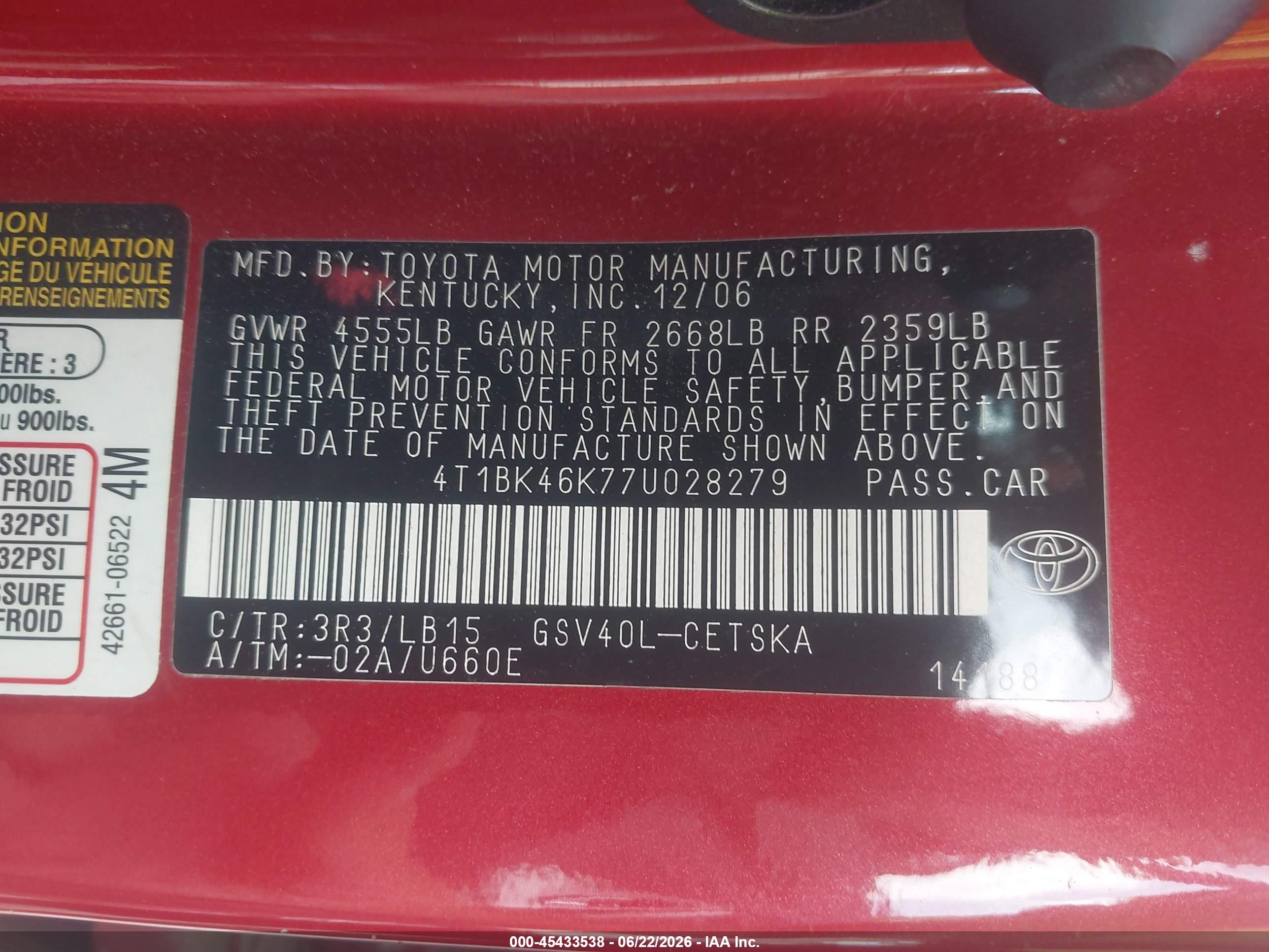 2007 Toyota Camry Se V6 Red vin: 4T1BK46K77U028279