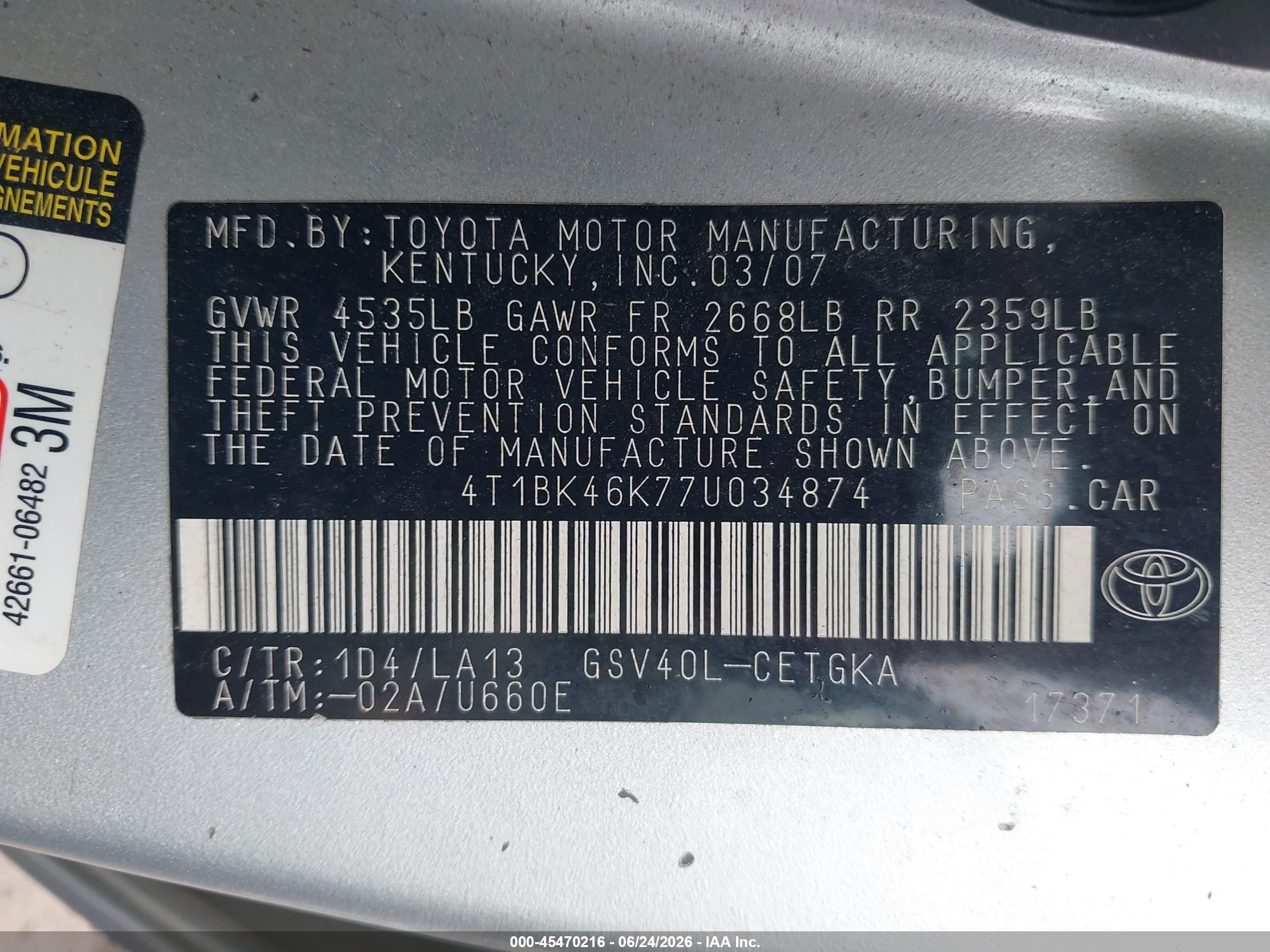 2007 Toyota Camry Xle V6 Silver vin: 4T1BK46K77U034874