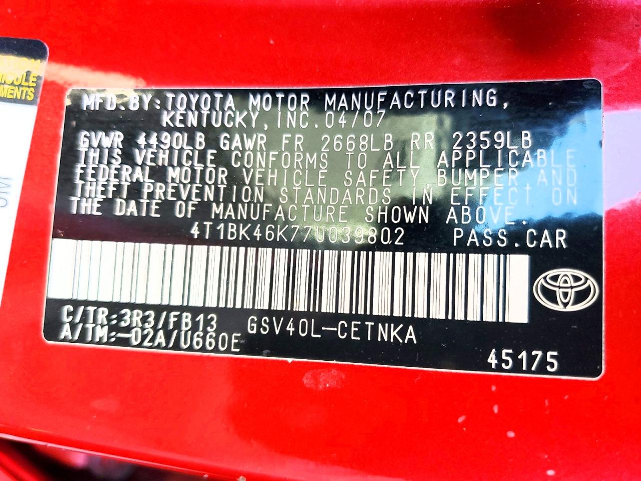 2007 Toyota Camry Le V6 Red vin: 4T1BK46K77U039802
