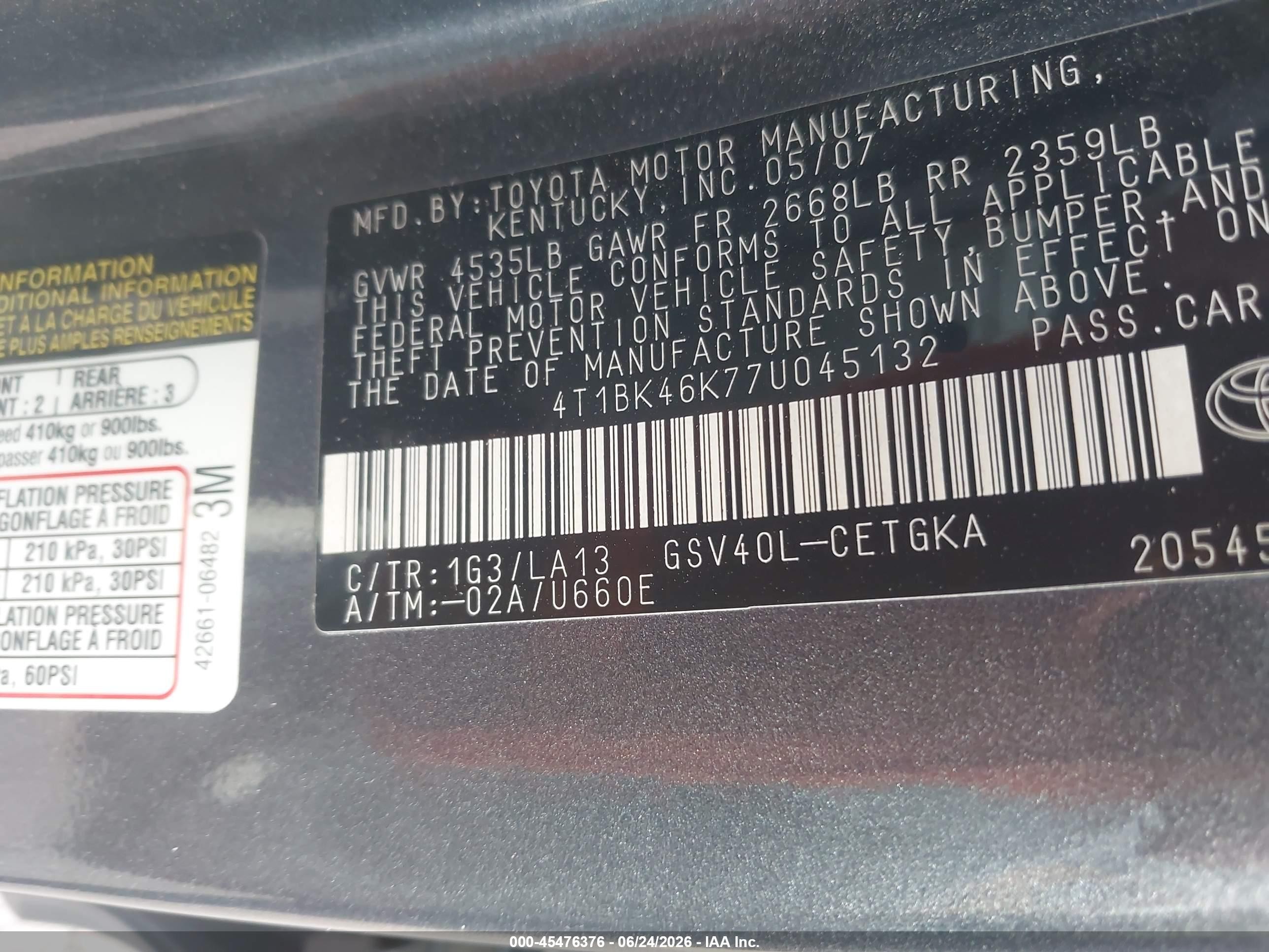 2007 Toyota Camry Xle V6 Silver vin: 4T1BK46K77U045132