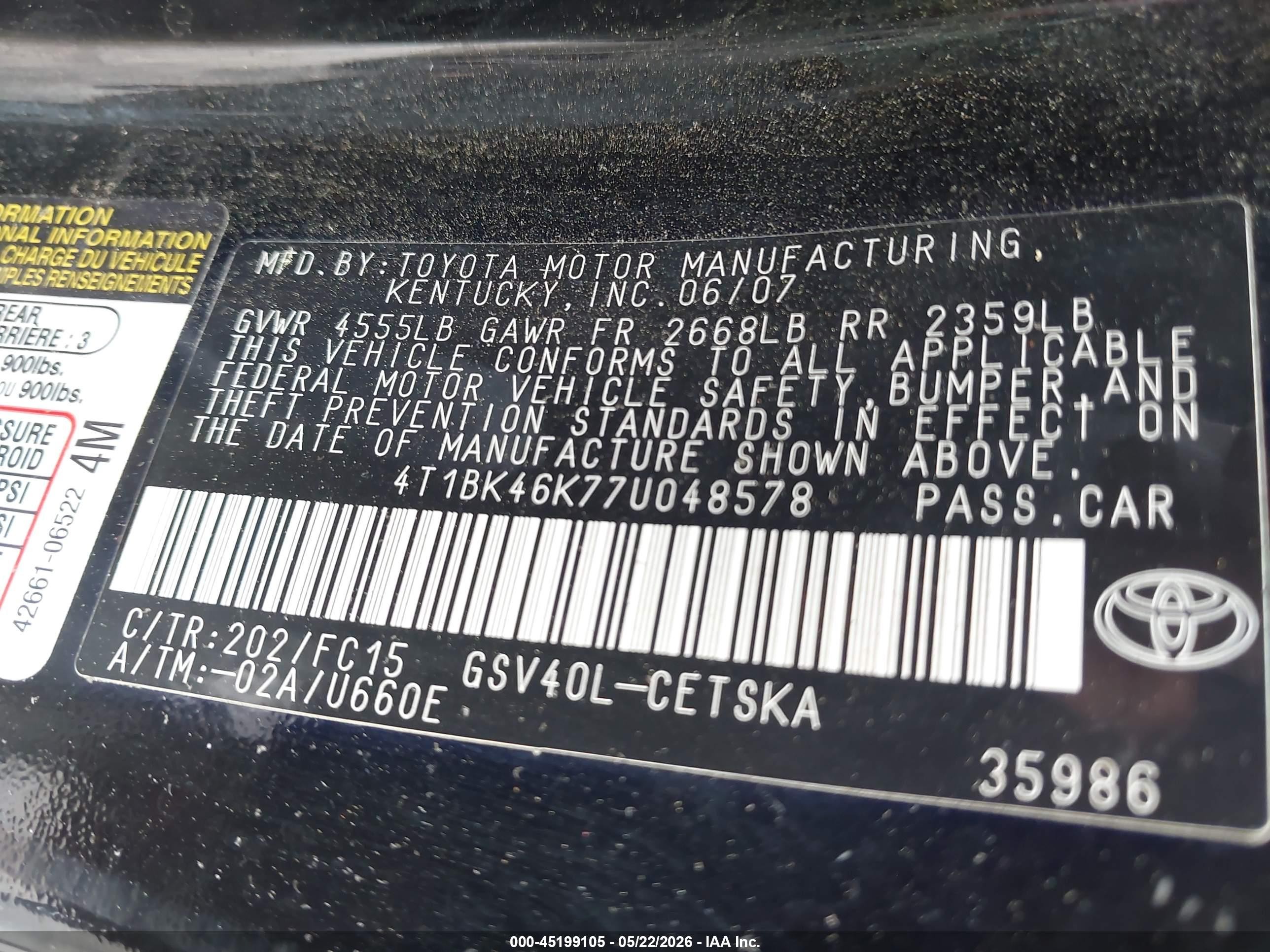 2007 Toyota Camry Se V6 Black vin: 4T1BK46K77U048578