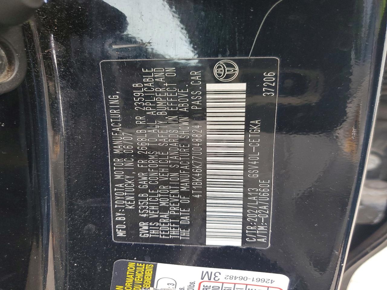 2007 Toyota Camry Xle V6 Black vin: 4T1BK46K77U048824