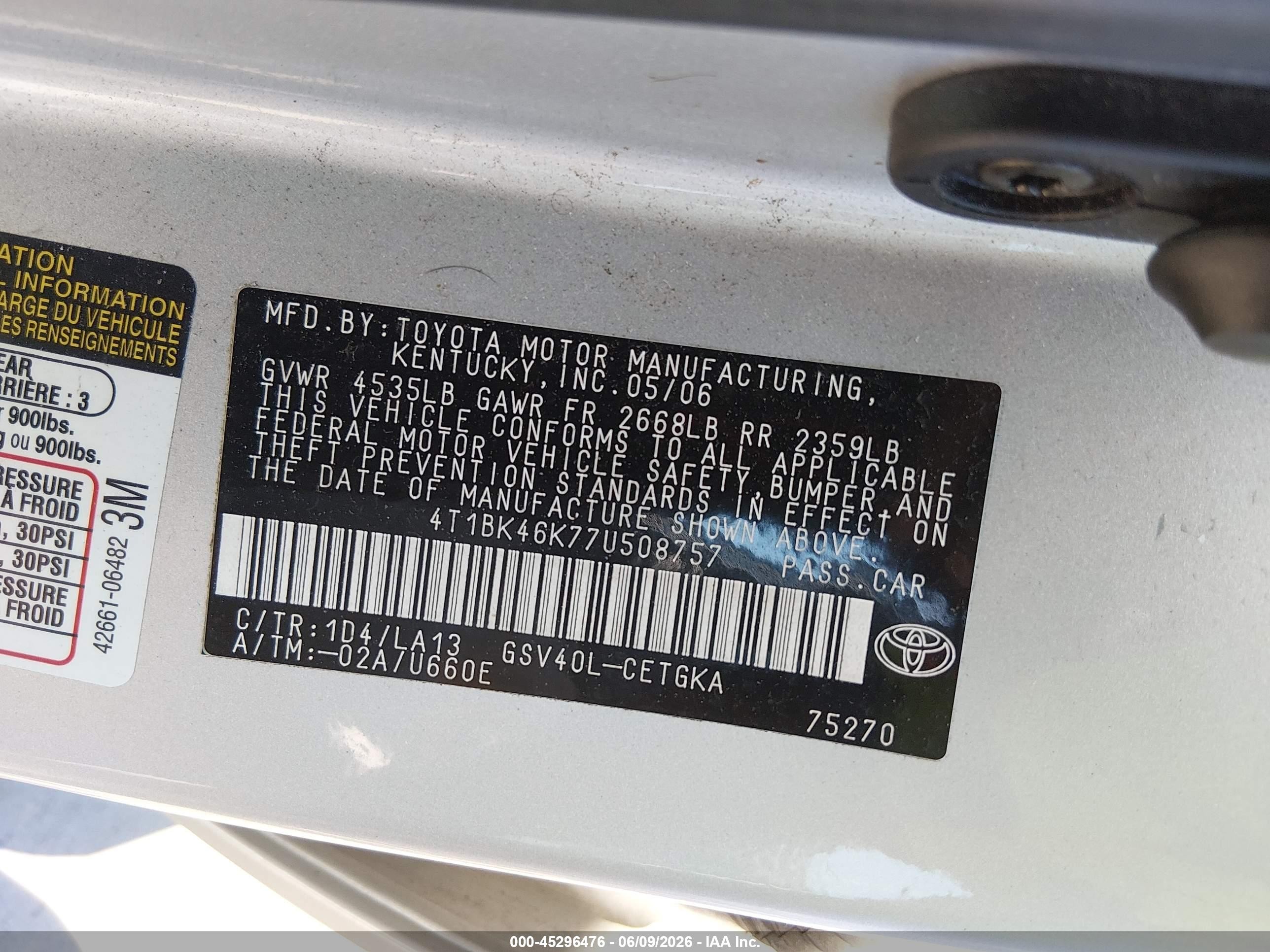2007 Toyota Camry Xle V6 Silver vin: 4T1BK46K77U508757
