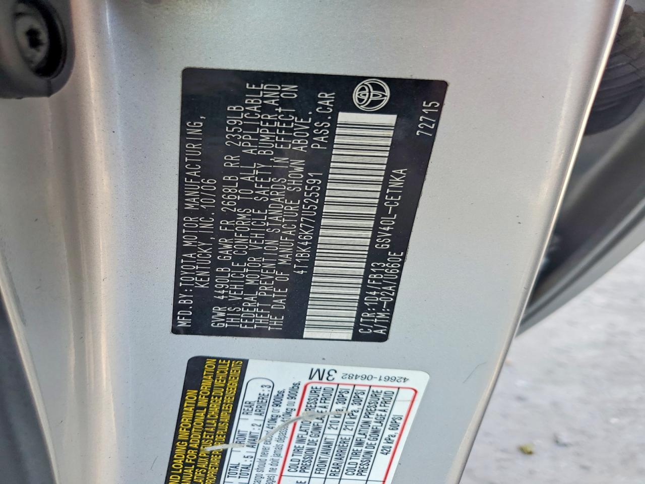 2007 Toyota Camry Le V6 Silver vin: 4T1BK46K77U525591