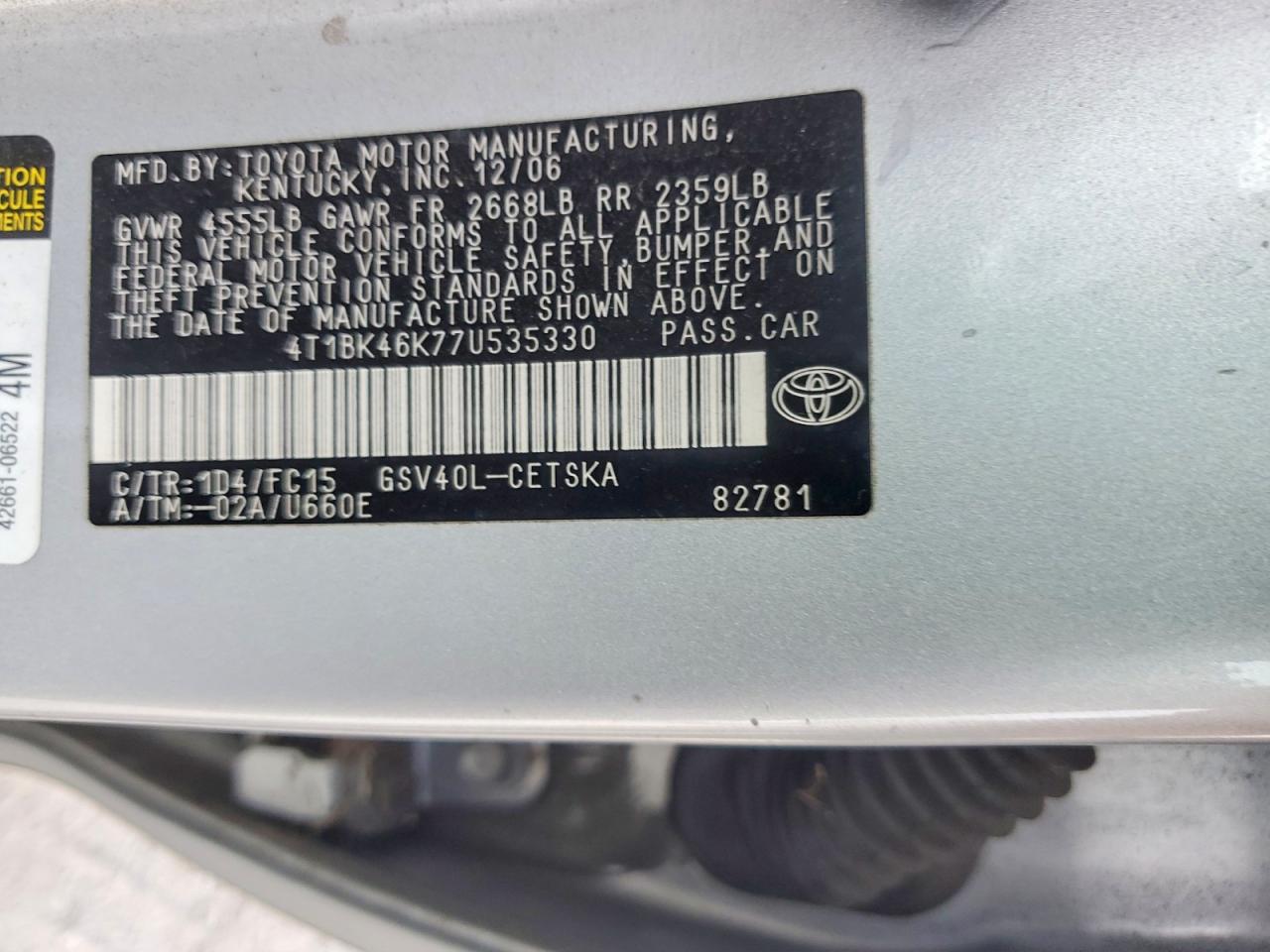 2007 Toyota Camry Se V6 Silver vin: 4T1BK46K77U535330