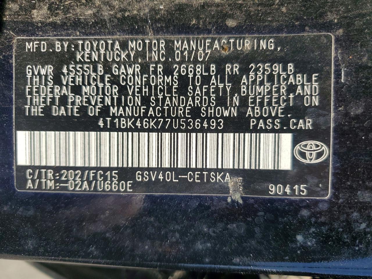 2007 Toyota Camry Se V6 Black vin: 4T1BK46K77U536493