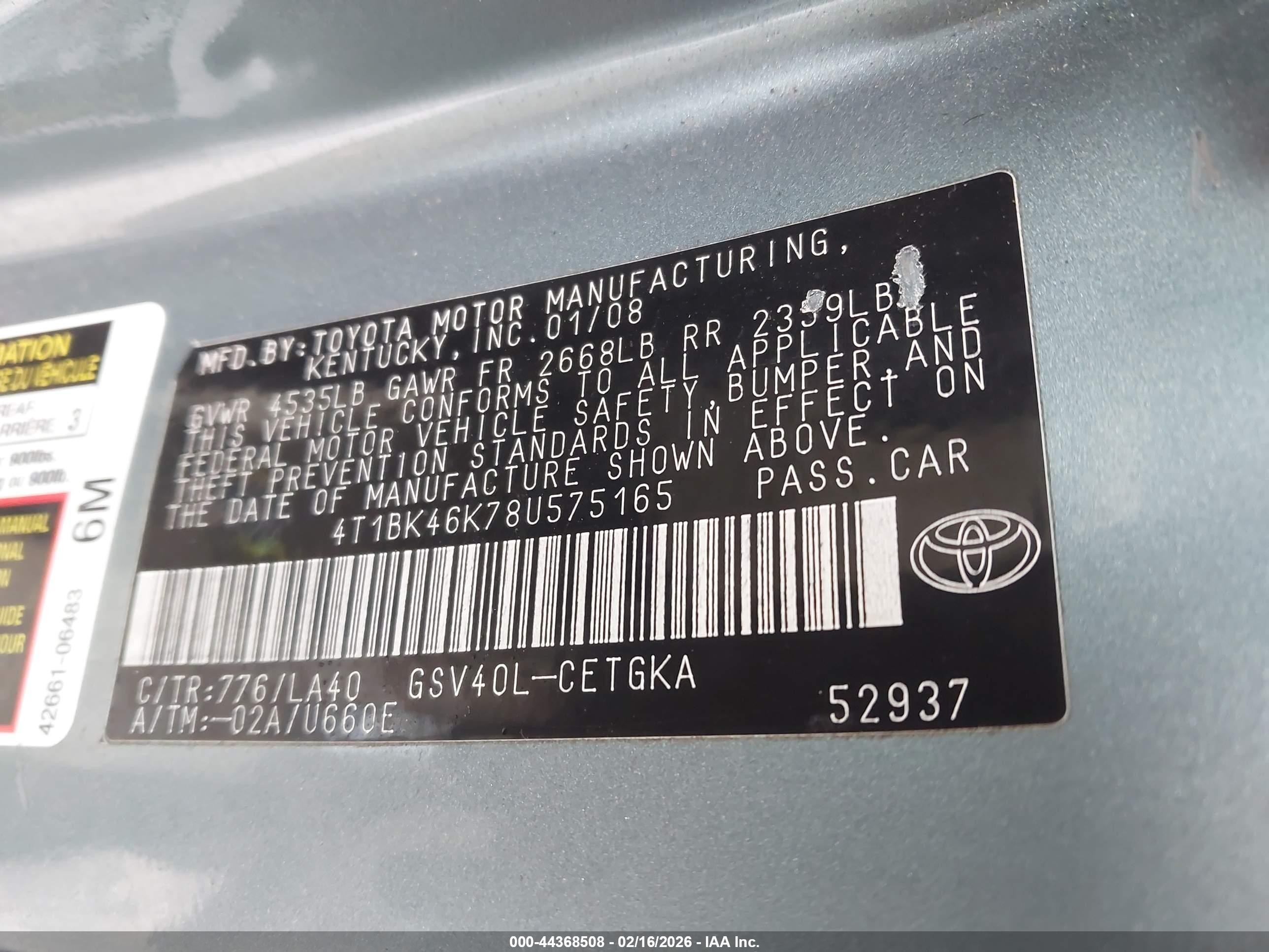 2008 Toyota Camry Xle V6 Teal vin: 4T1BK46K78U575165