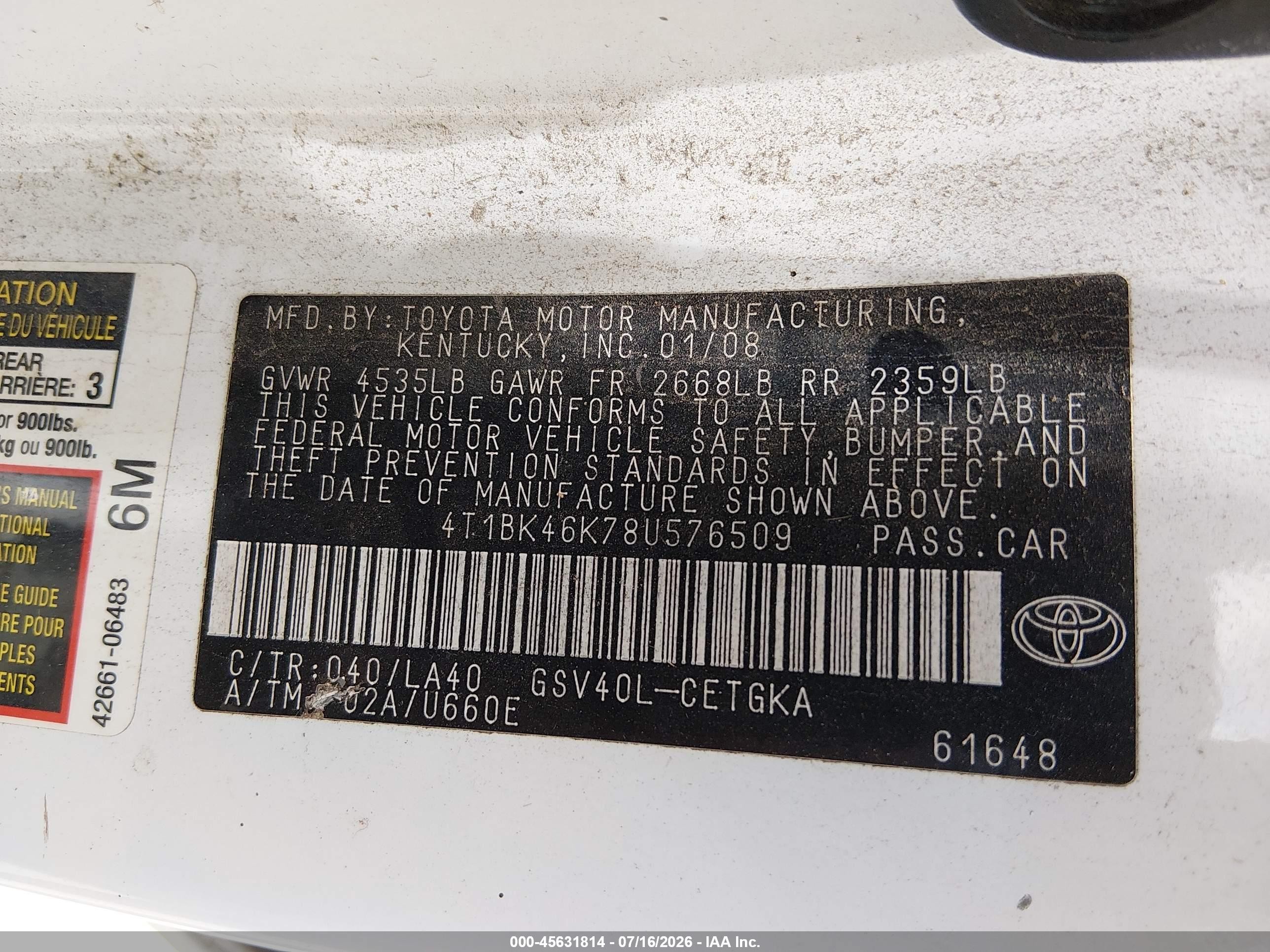 2008 Toyota Camry Xle White vin: 4T1BK46K78U576509