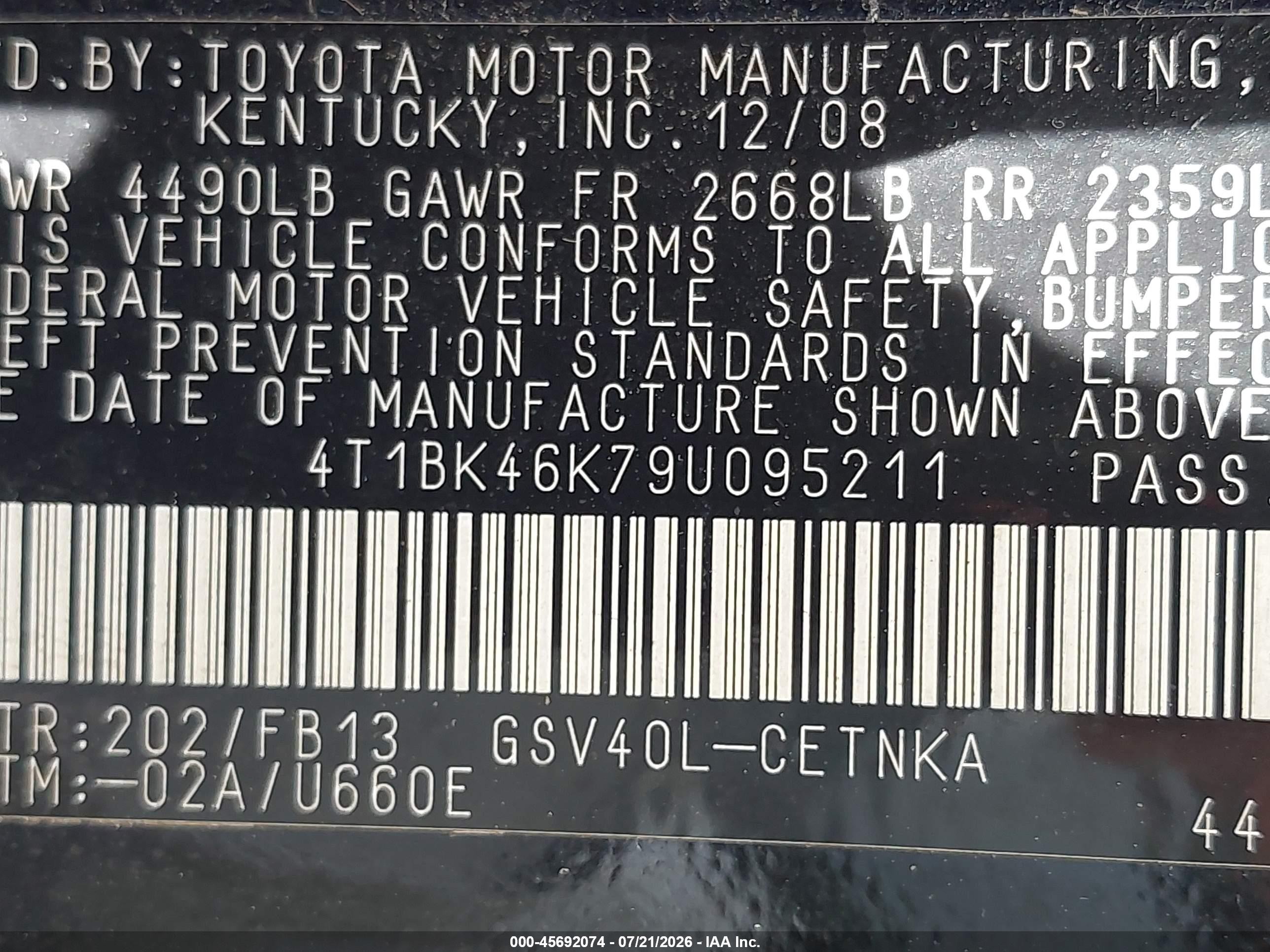 2009 Toyota Camry Le V6 Black vin: 4T1BK46K79U095211