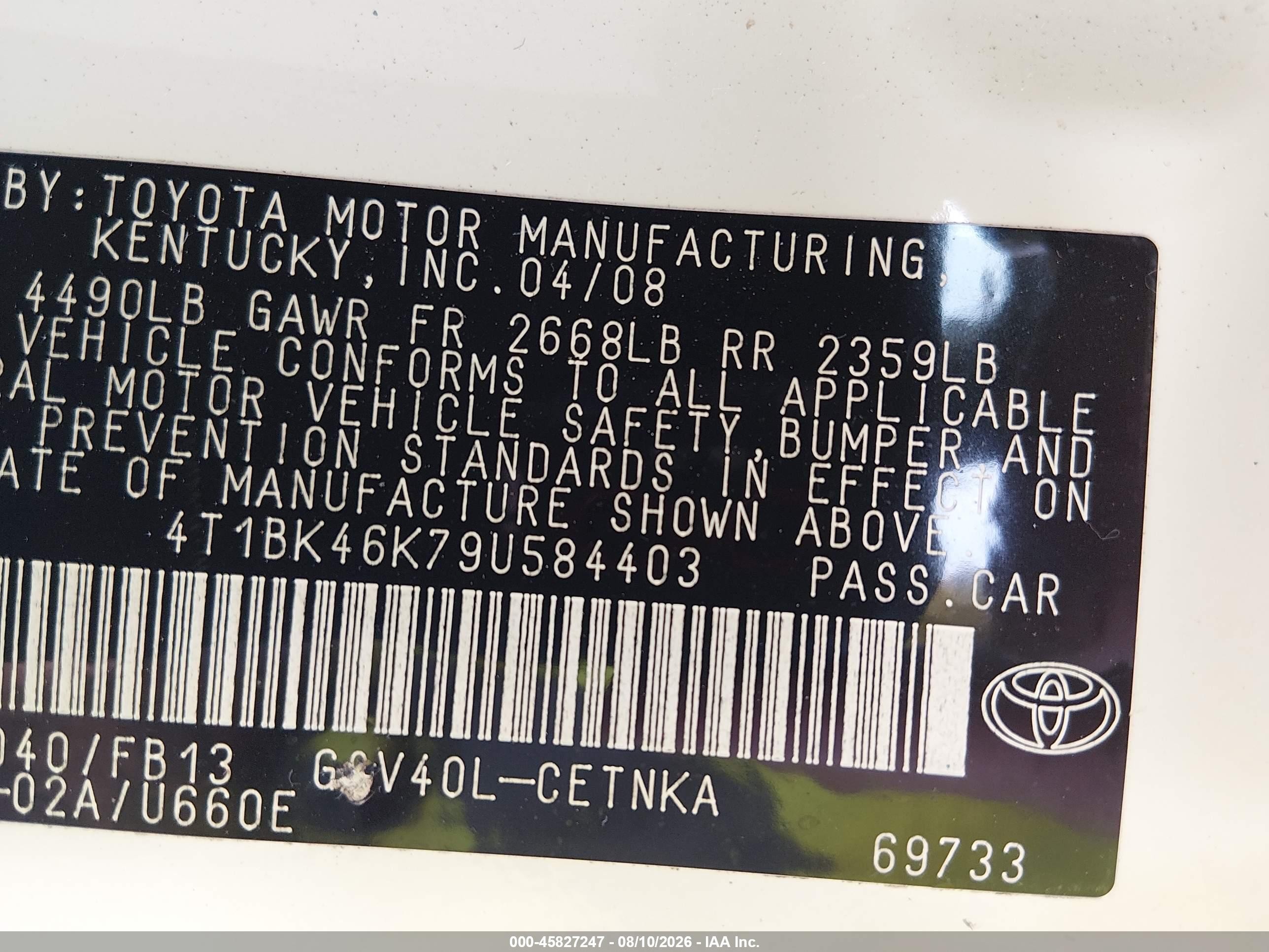 2009 Toyota Camry Le V6 White vin: 4T1BK46K79U584403