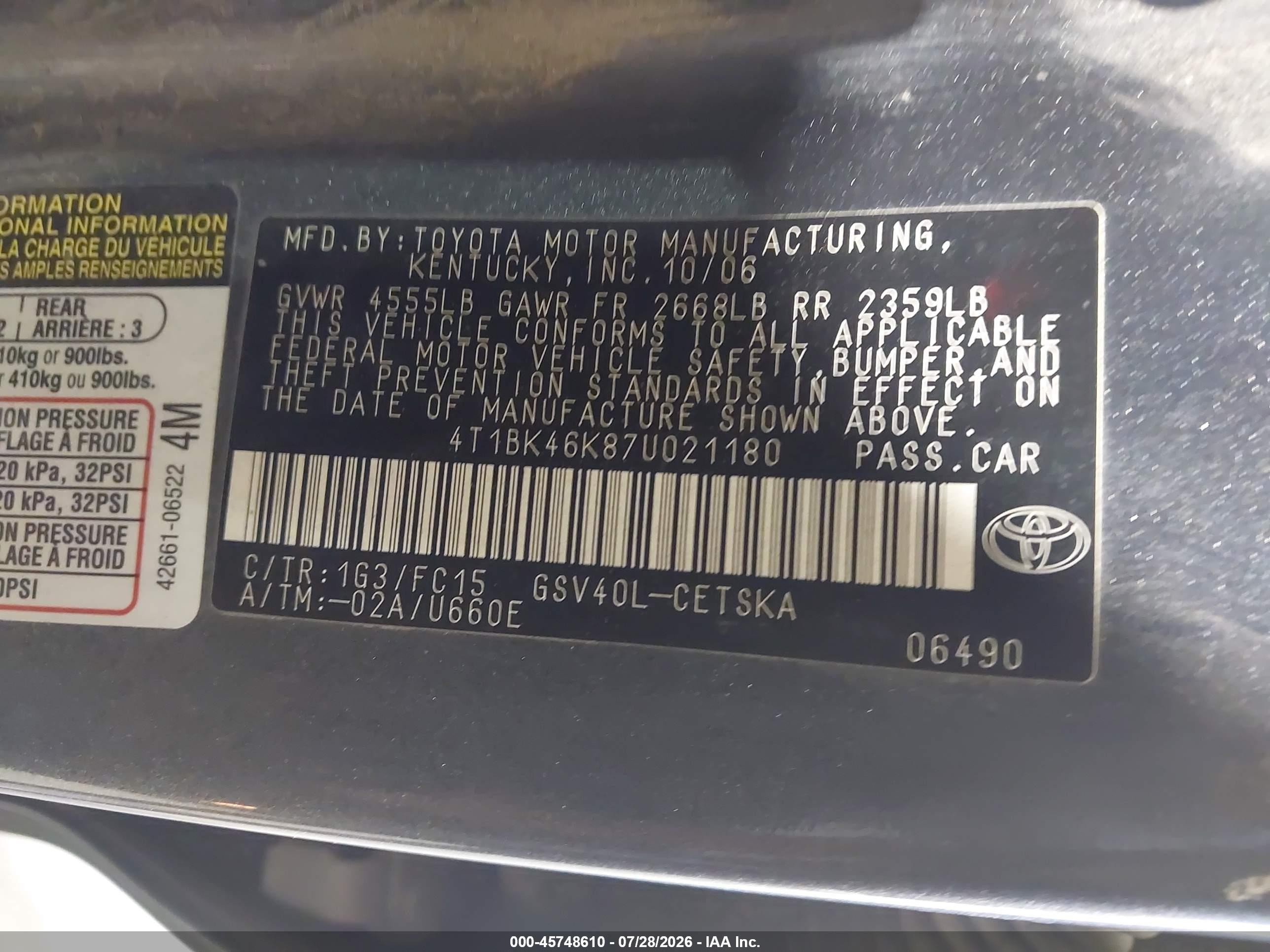 2007 Toyota Camry Se V6 Gray vin: 4T1BK46K87U021180