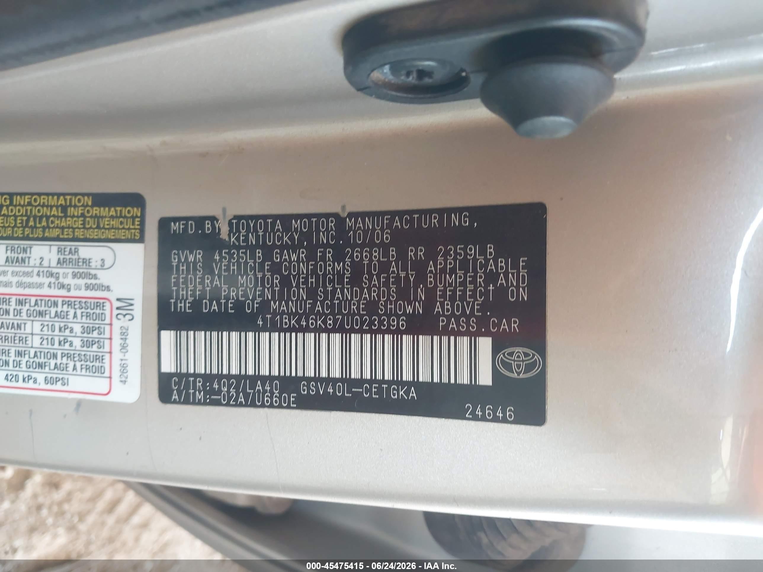 2007 Toyota Camry Xle V6 Tan vin: 4T1BK46K87U023396