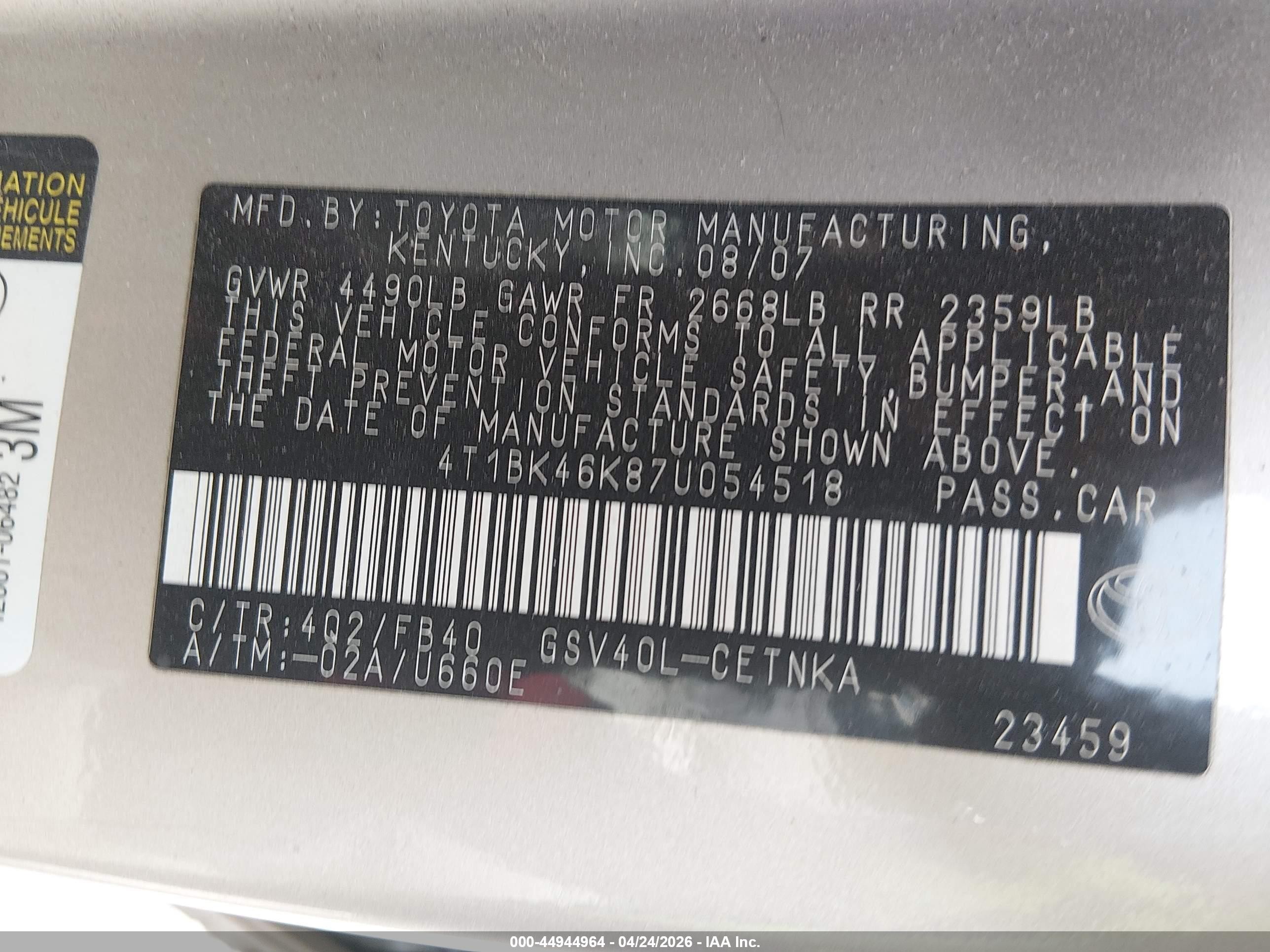 2007 Toyota Camry Le V6 Золотой vin: 4T1BK46K87U054518