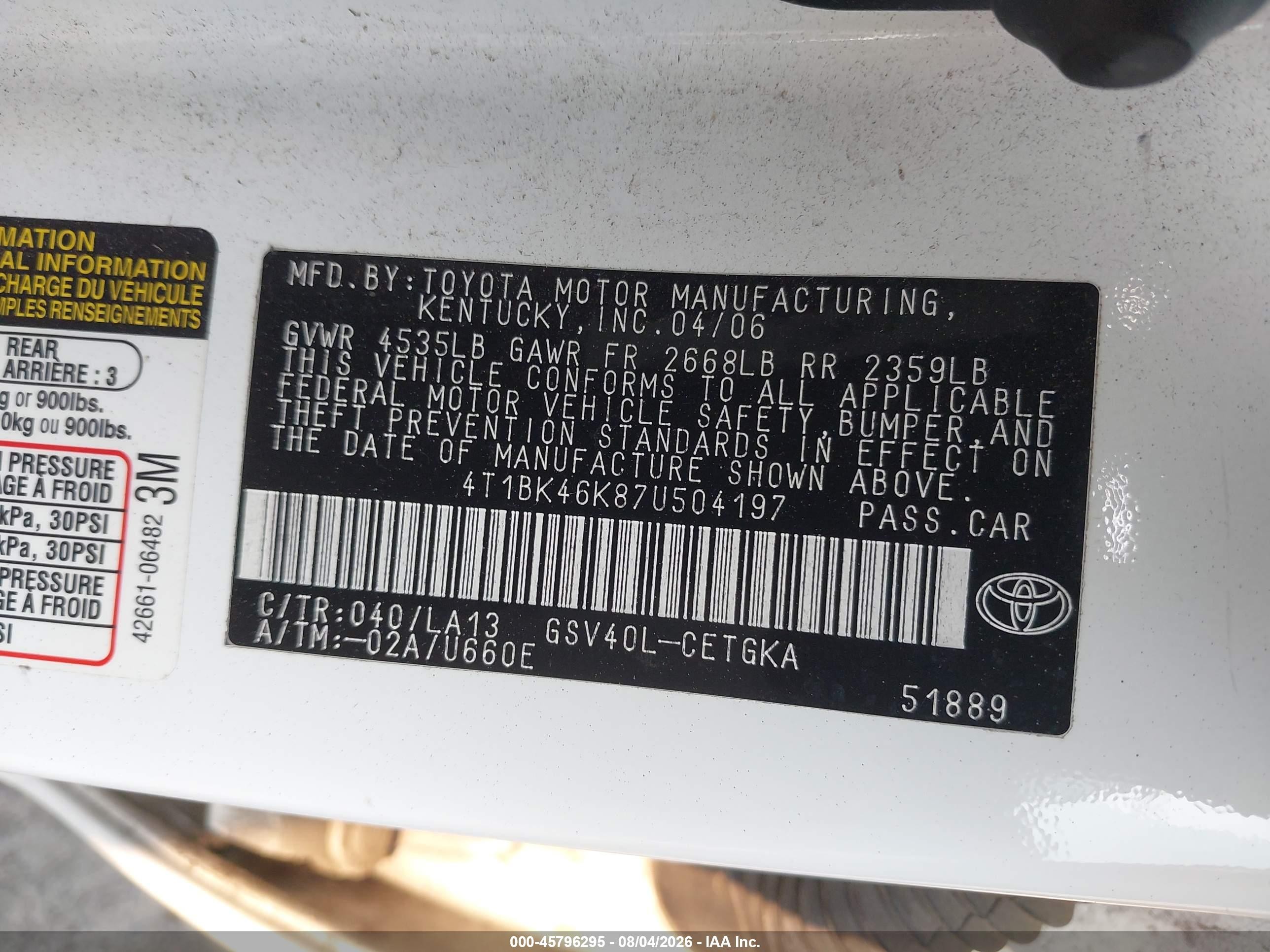 2007 Toyota Camry Xle V6 White vin: 4T1BK46K87U504197