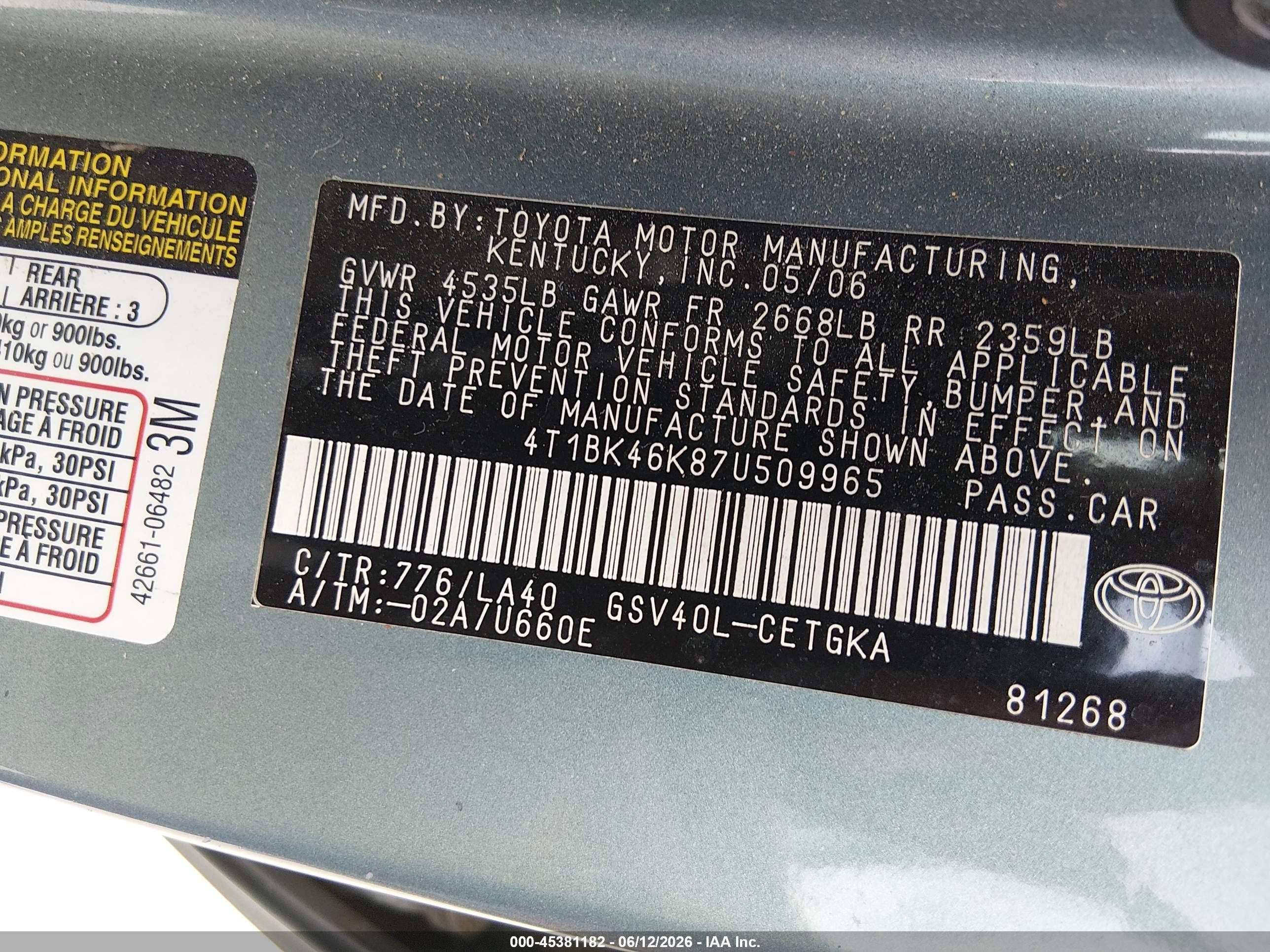 2007 Toyota Camry Xle V6 Зеленый vin: 4T1BK46K87U509965