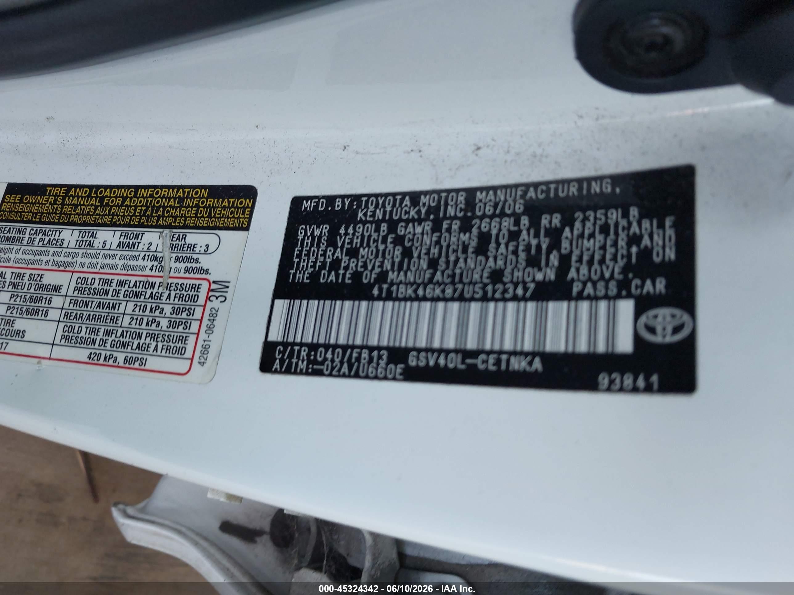 2007 Toyota Camry Le V6 White vin: 4T1BK46K87U512347