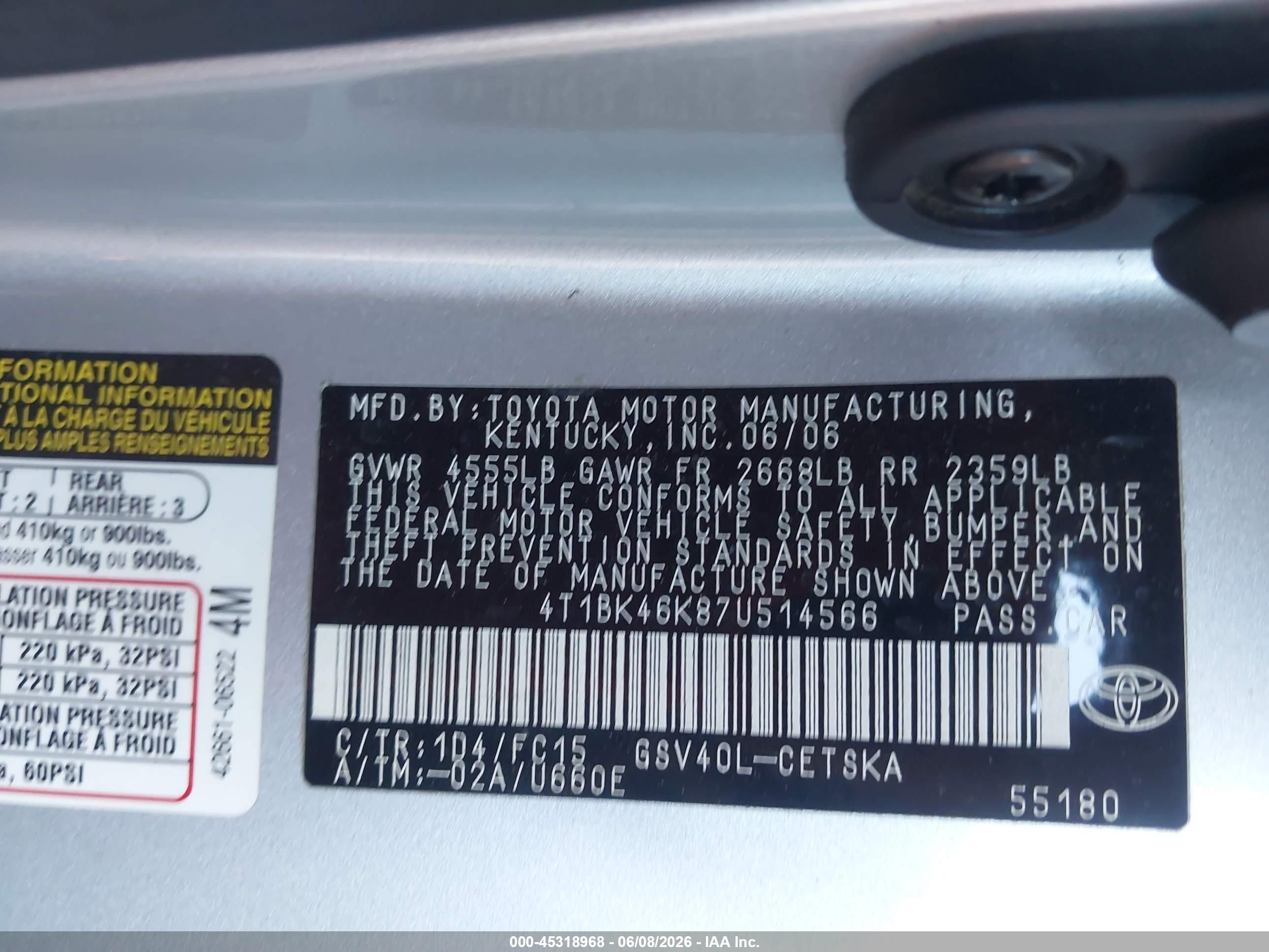 2007 Toyota Camry Se V6 Gray vin: 4T1BK46K87U514566