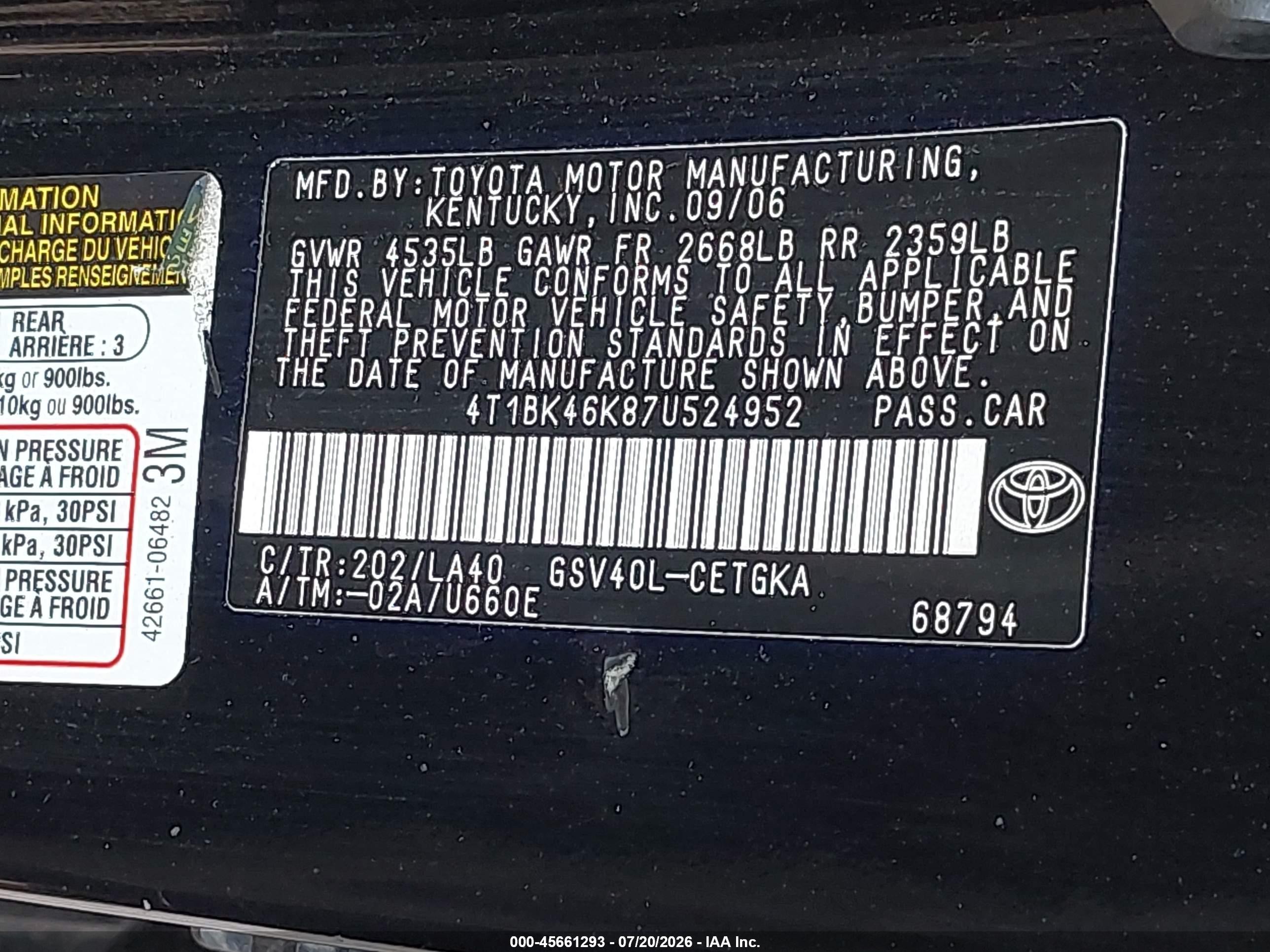 2007 Toyota Camry Xle V6 Black vin: 4T1BK46K87U524952
