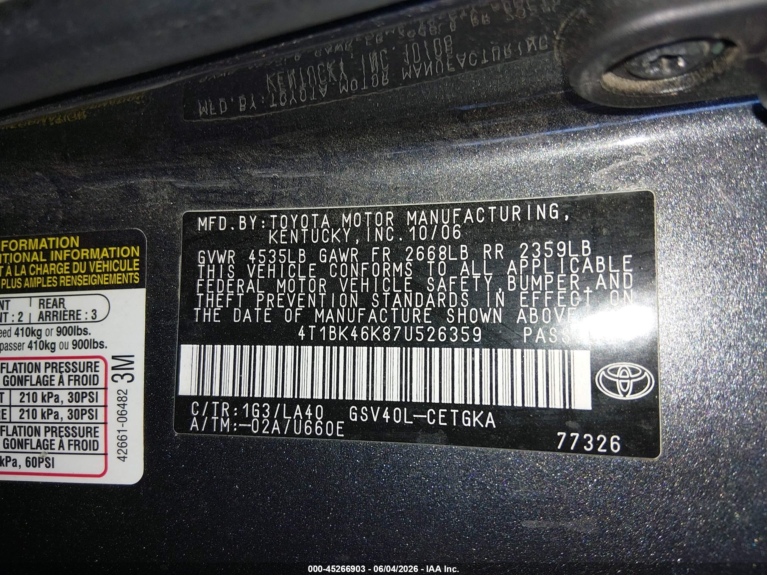 2007 Toyota Camry Xle V6 Gray vin: 4T1BK46K87U526359