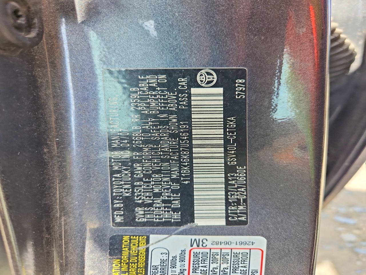 2007 Toyota Camry Xle V6 Gray vin: 4T1BK46K87U546191
