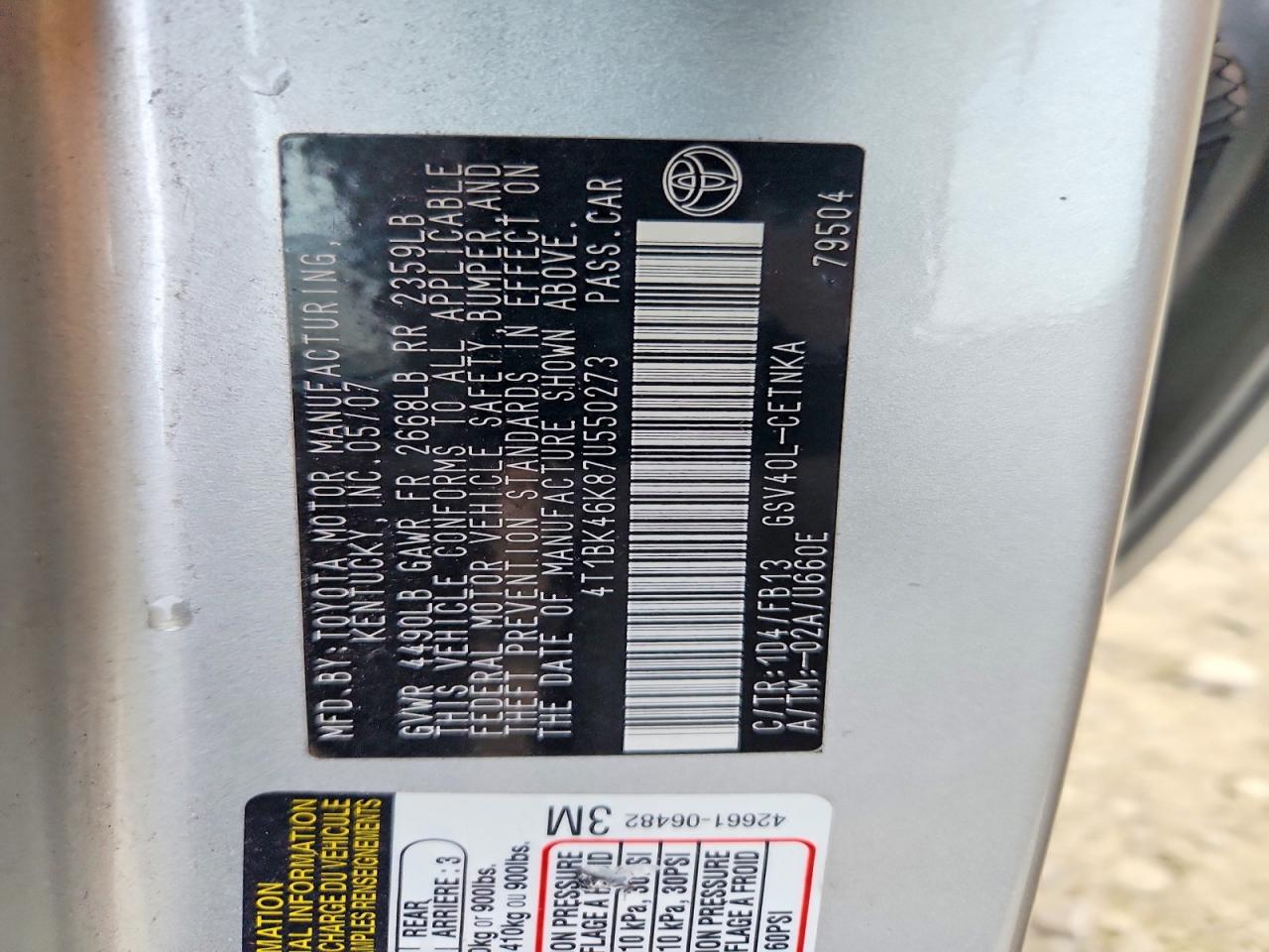 2007 Toyota Camry Le V6 Silver vin: 4T1BK46K87U550273