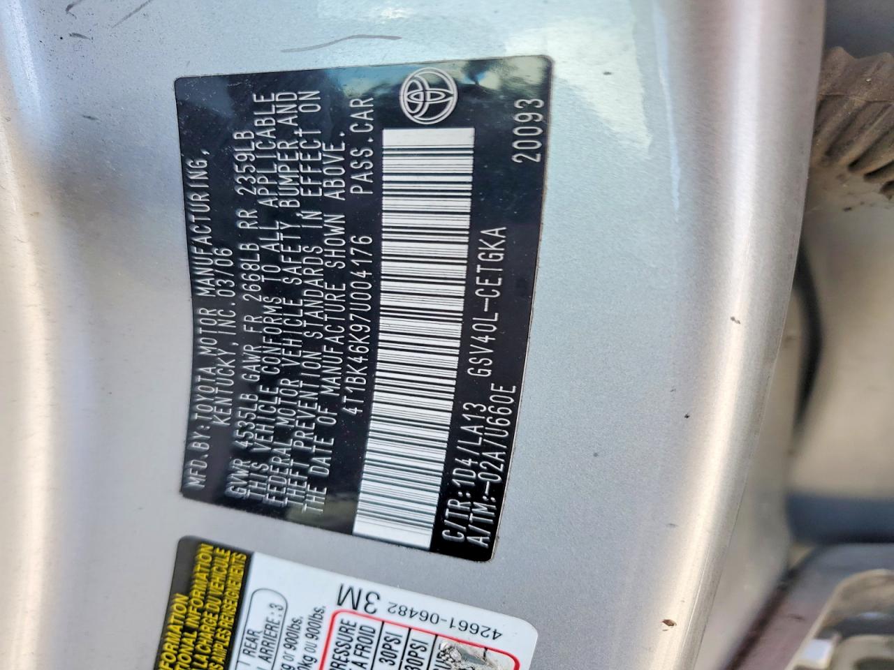 2007 Toyota Camry Xle V6 Серебряный vin: 4T1BK46K97U004176