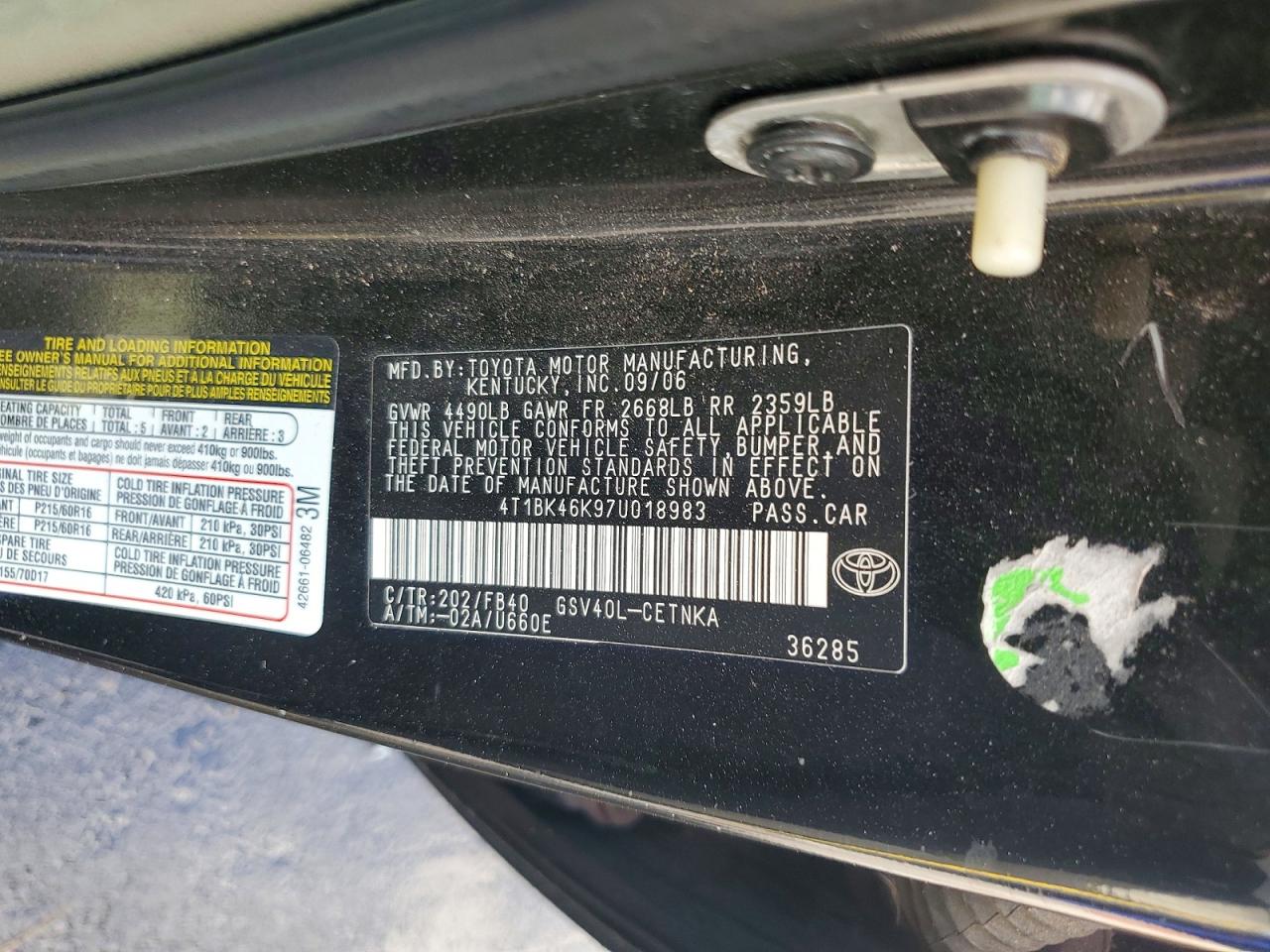 2007 Toyota Camry Le V6 Black vin: 4T1BK46K97U018983