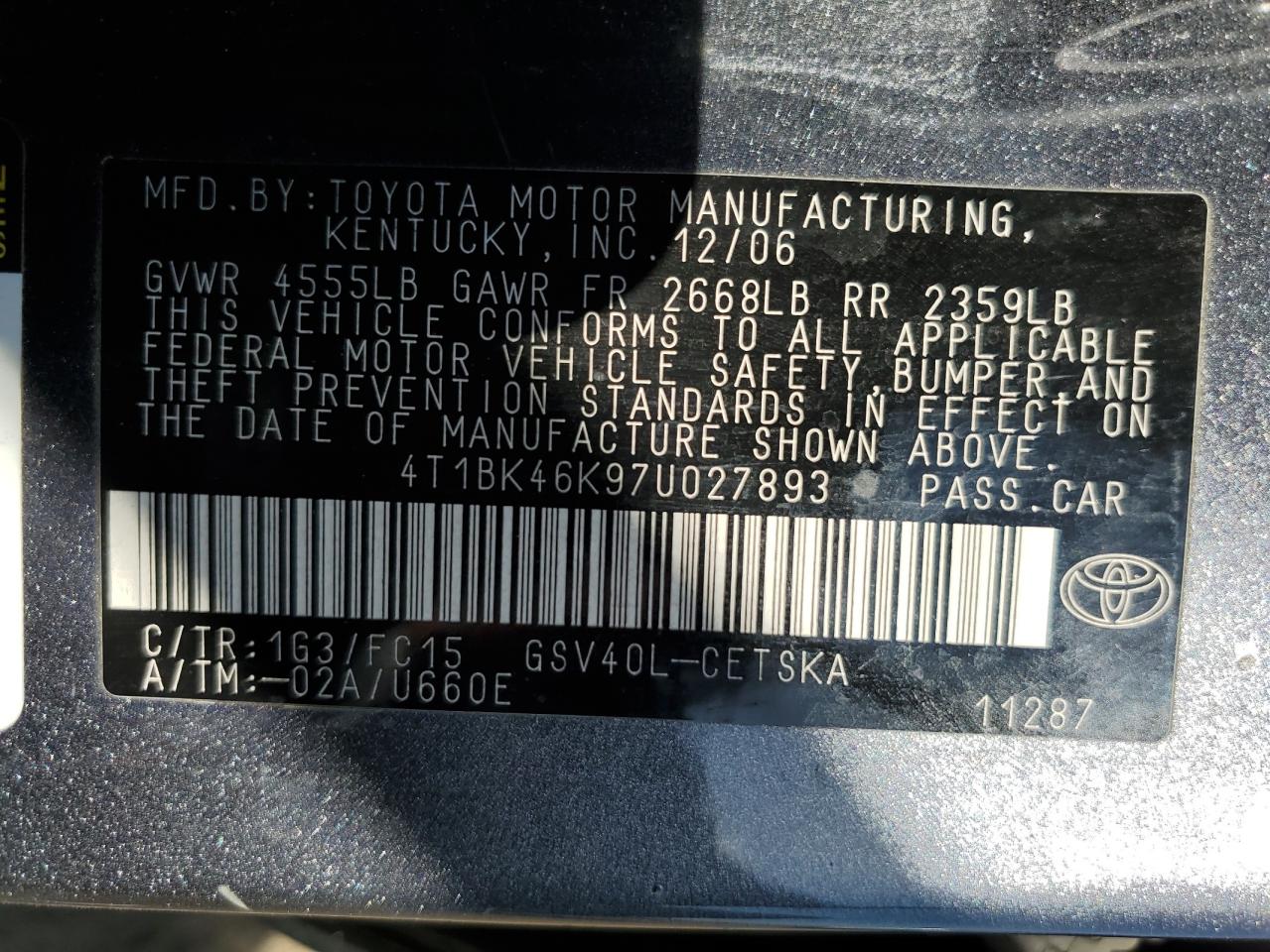 2007 Toyota Camry Le Серый vin: 4T1BK46K97U027893