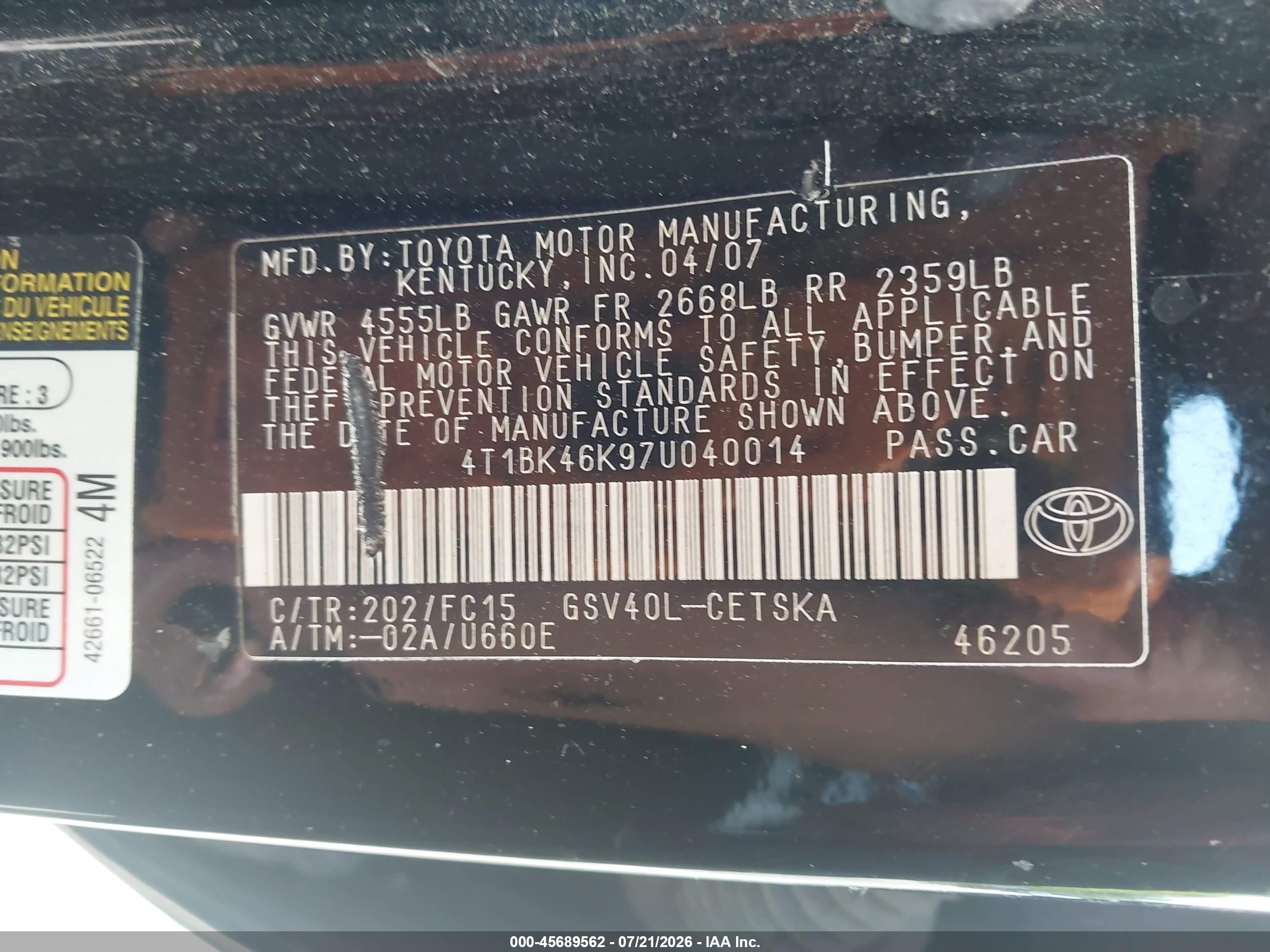 2007 Toyota Camry Se V6 Black vin: 4T1BK46K97U040014