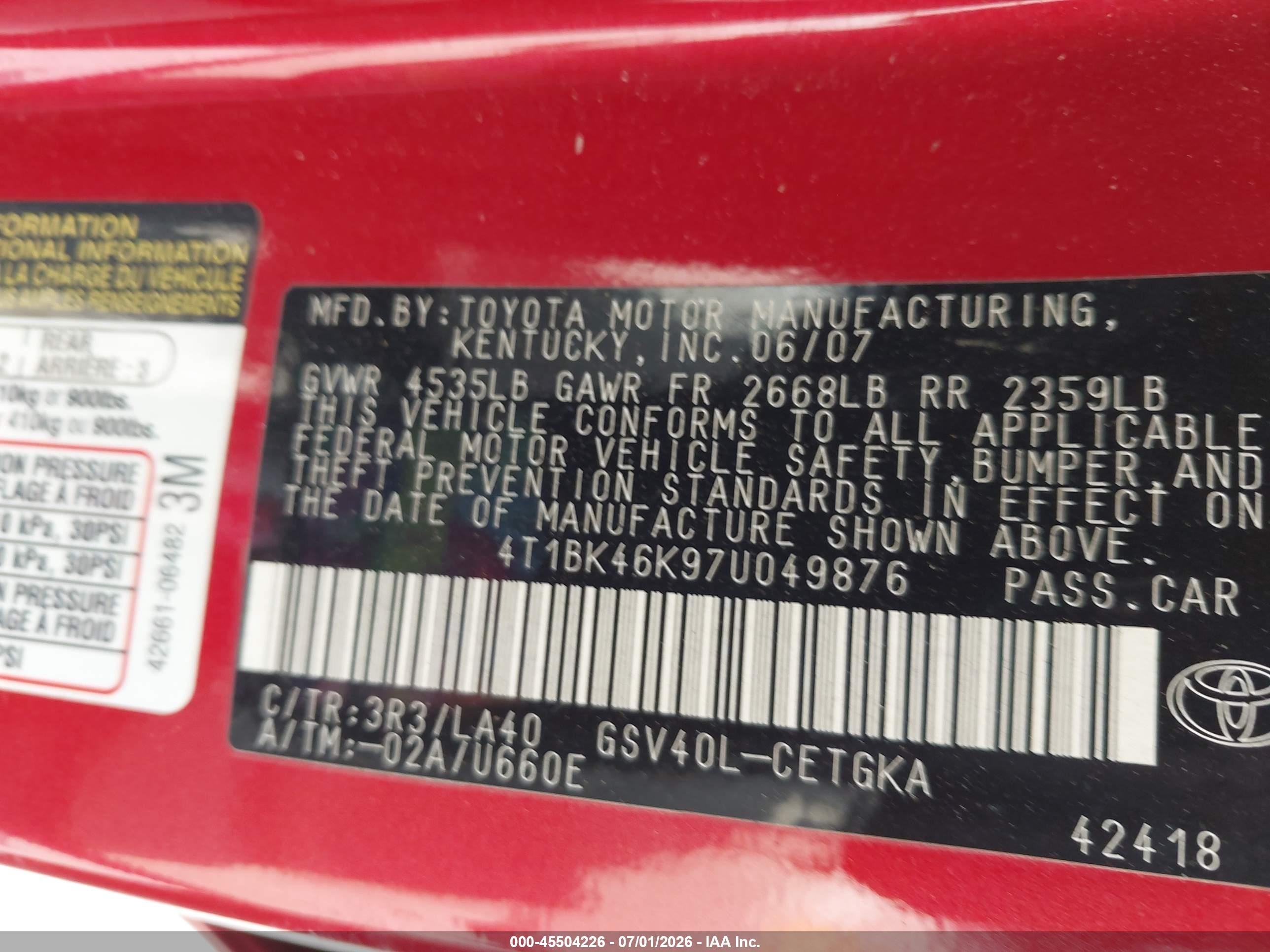 2007 Toyota Camry Xle V6 Red vin: 4T1BK46K97U049876