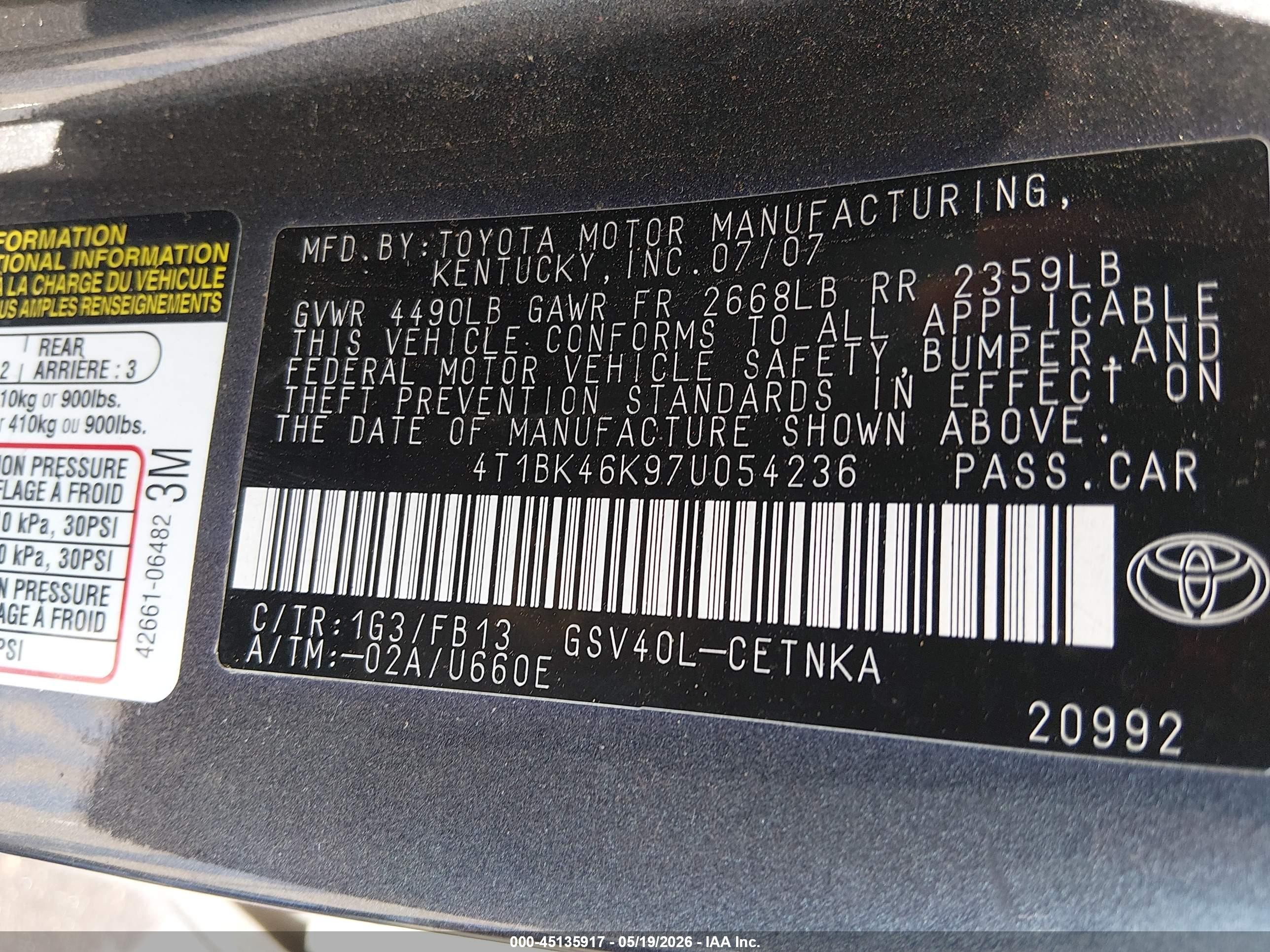 2007 Toyota Camry Le V6 Gray vin: 4T1BK46K97U054236