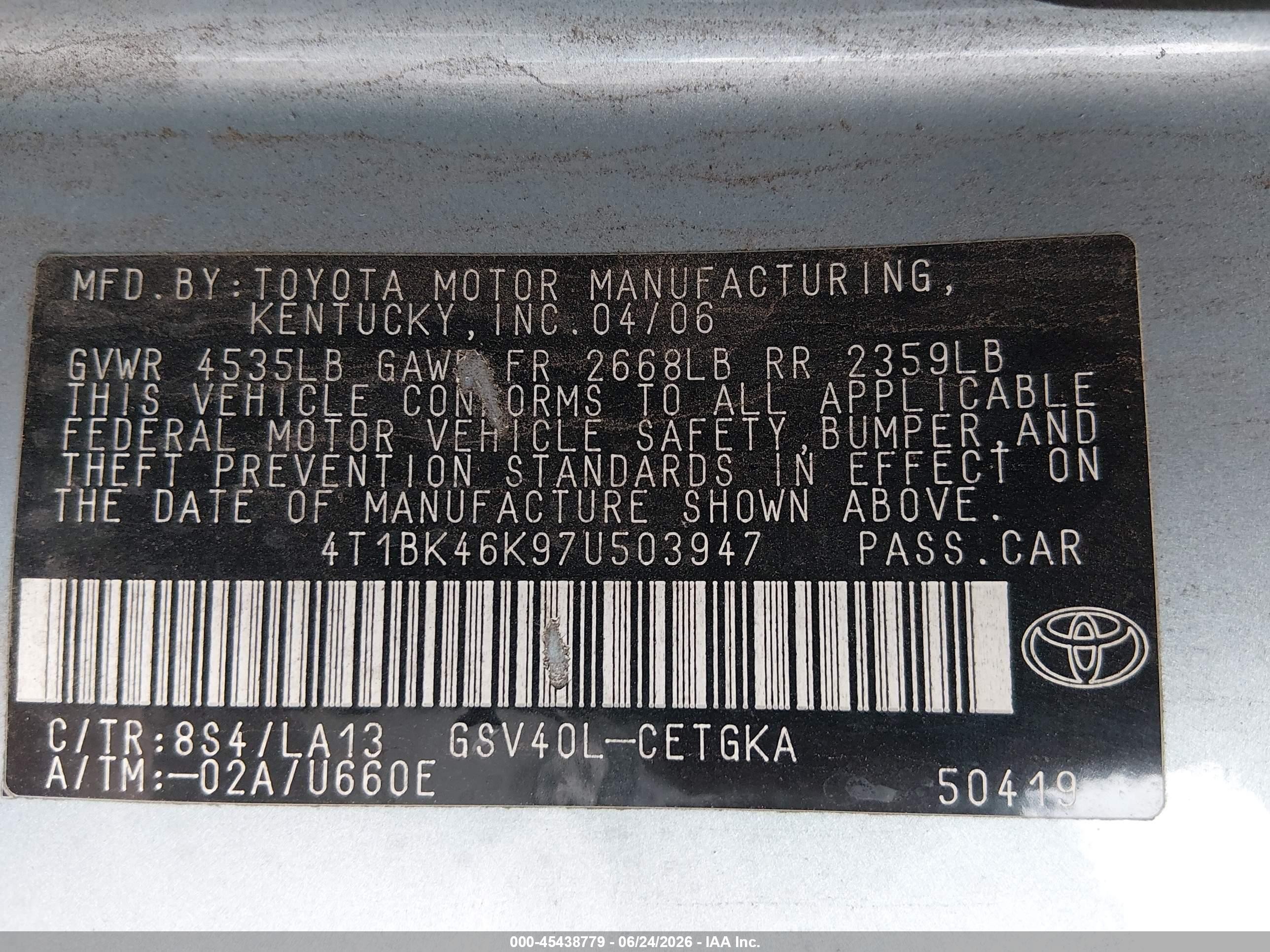 2007 Toyota Camry Xle V6 Blue vin: 4T1BK46K97U503947