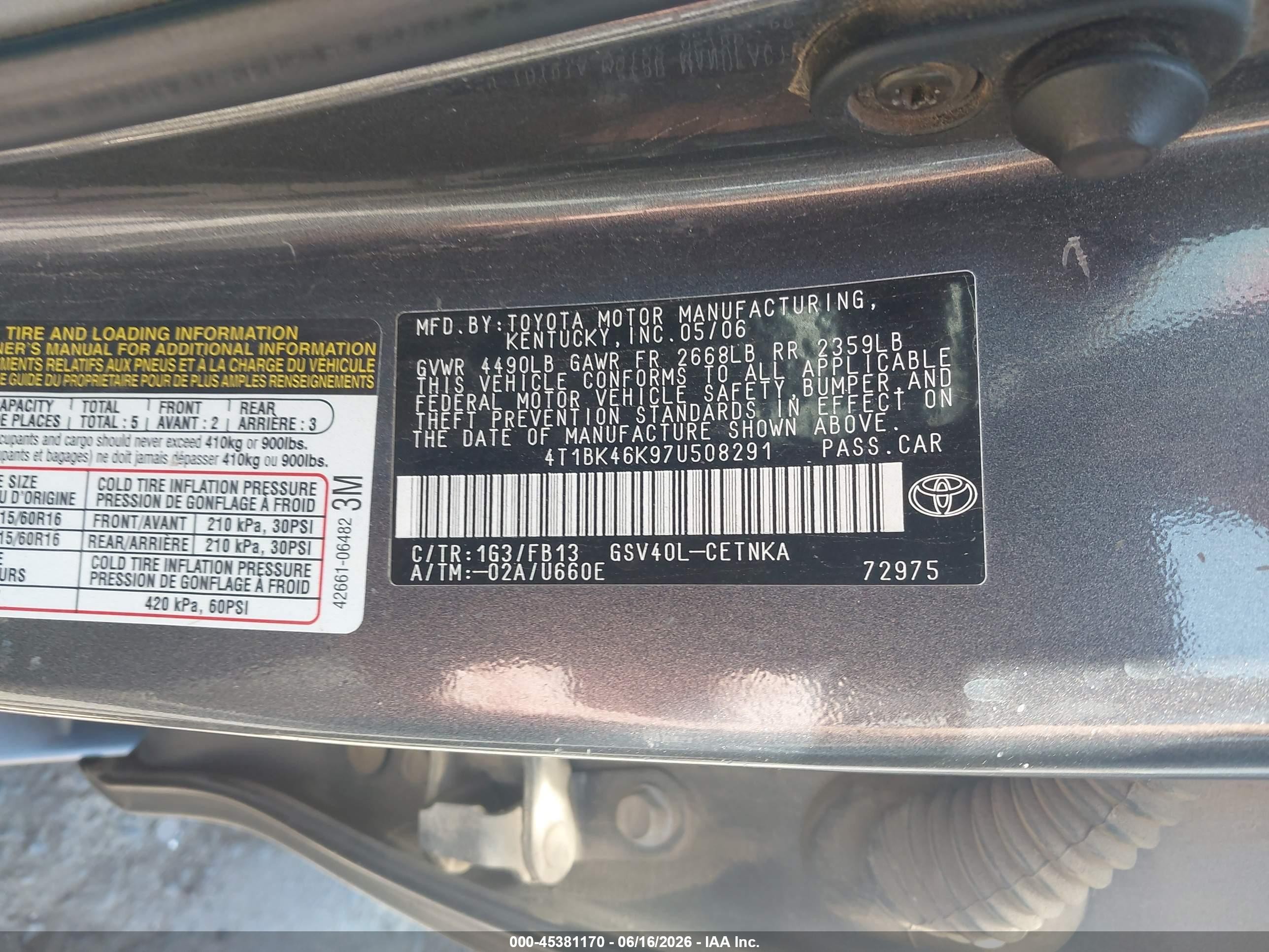 2007 Toyota Camry Le V6 Gray vin: 4T1BK46K97U508291