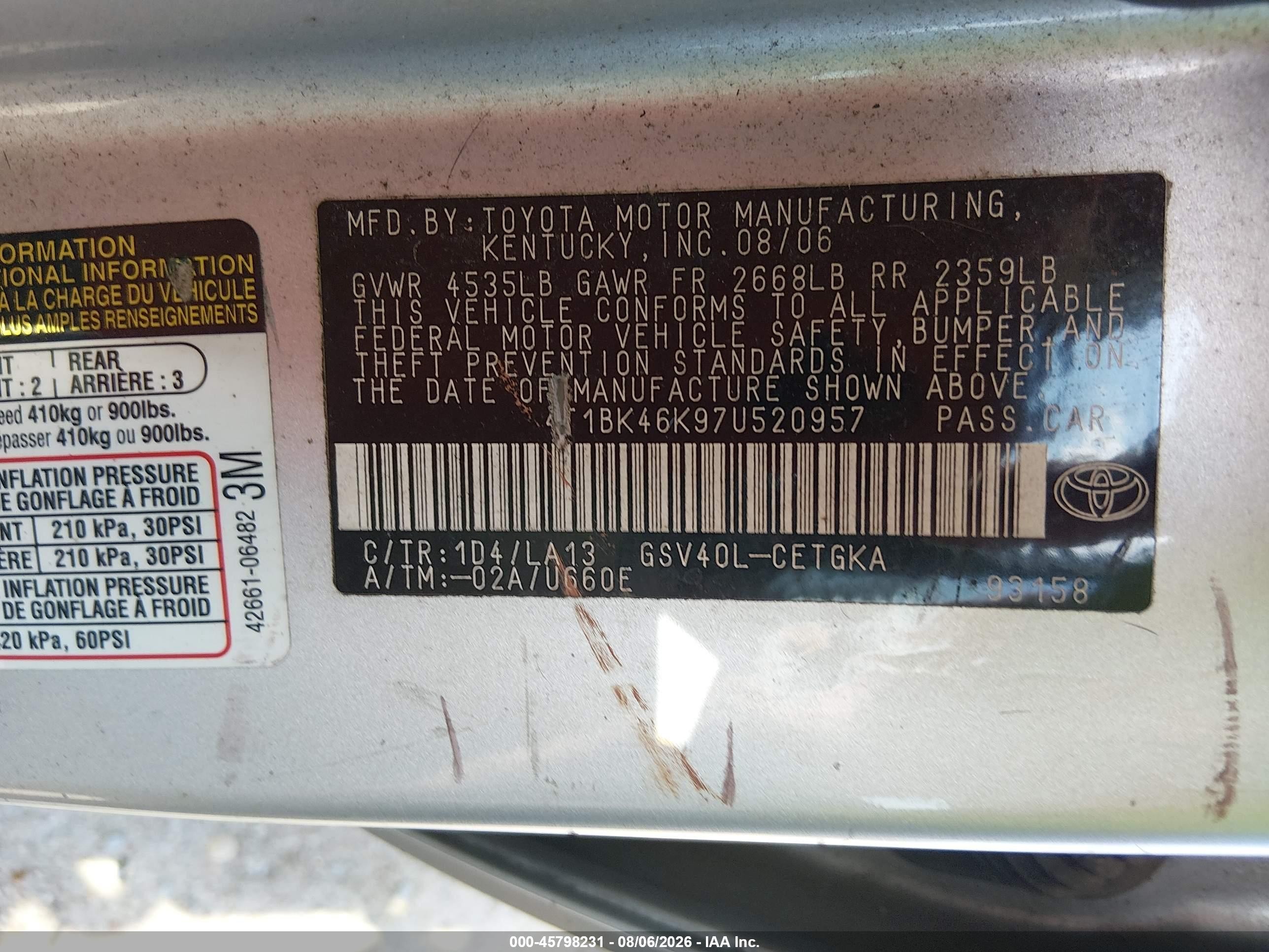 2007 Toyota Camry Xle V6 Серебряный vin: 4T1BK46K97U520957
