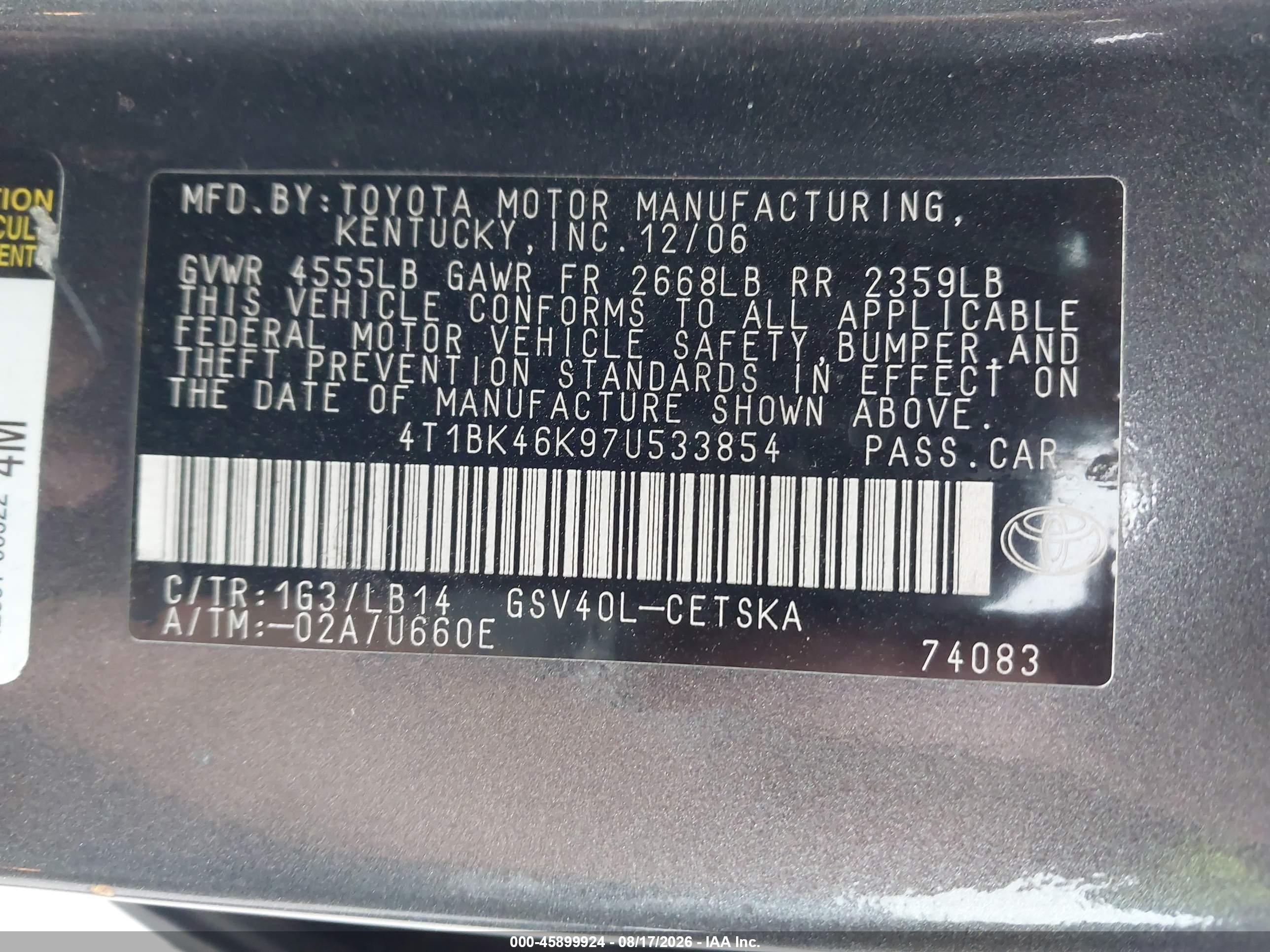 2007 Toyota Camry Se V6 Серый vin: 4T1BK46K97U533854
