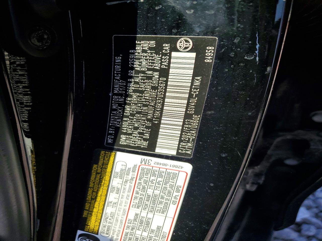 2007 Toyota Camry Le V6 Черный vin: 4T1BK46K97U535670