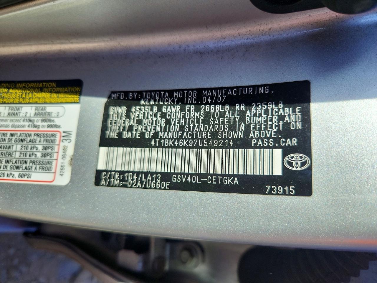 2007 Toyota Camry Xle V6 Silver vin: 4T1BK46K97U549214