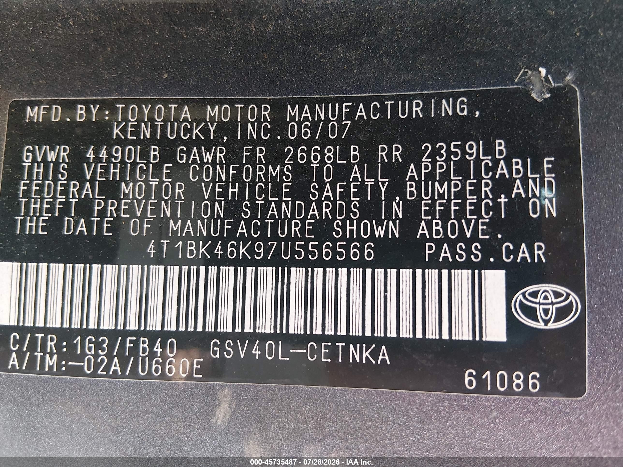 2007 Toyota Camry Le V6 Beige vin: 4T1BK46K97U556566