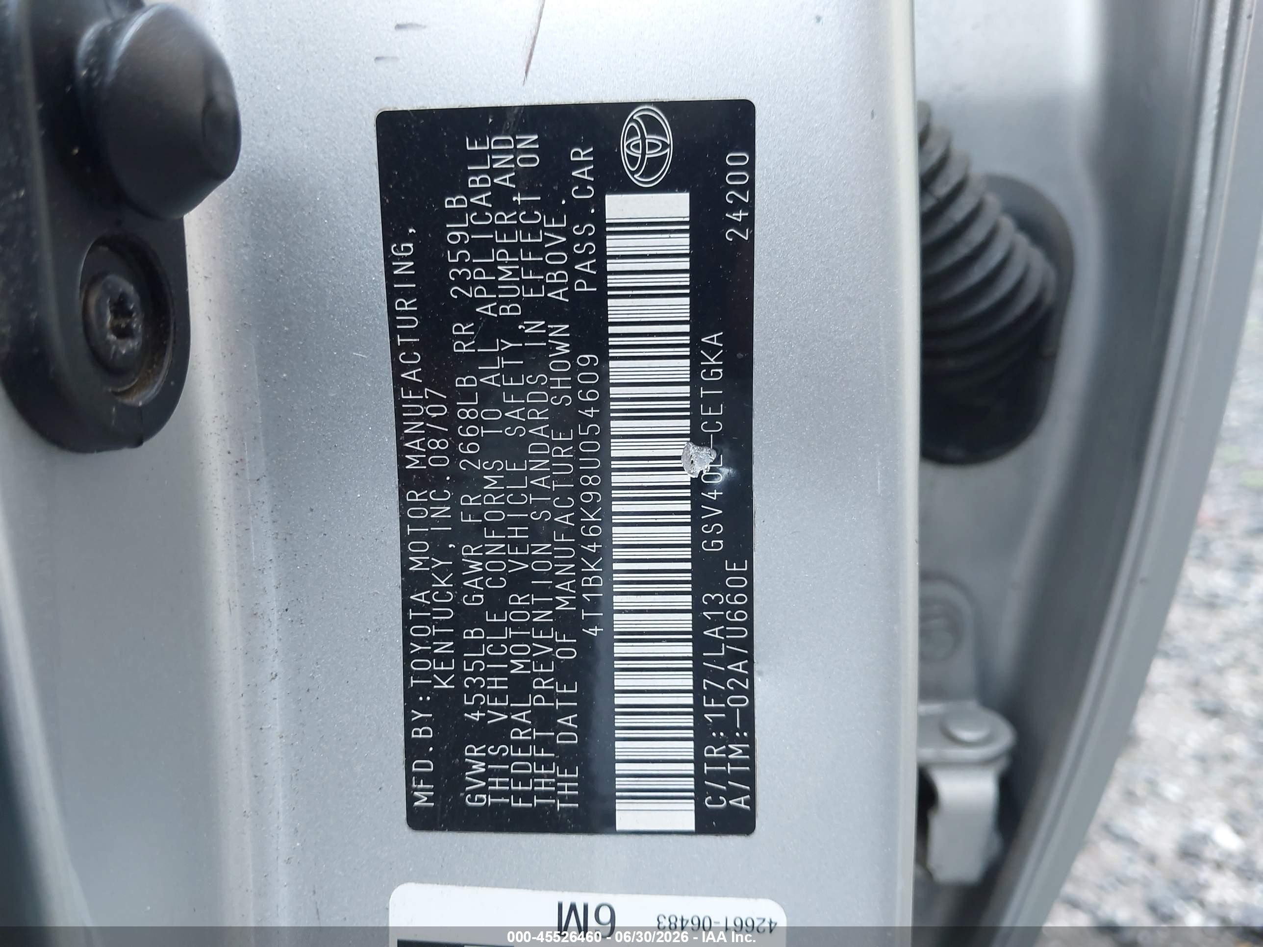 2008 Toyota Camry Xle V6 Silver vin: 4T1BK46K98U054609