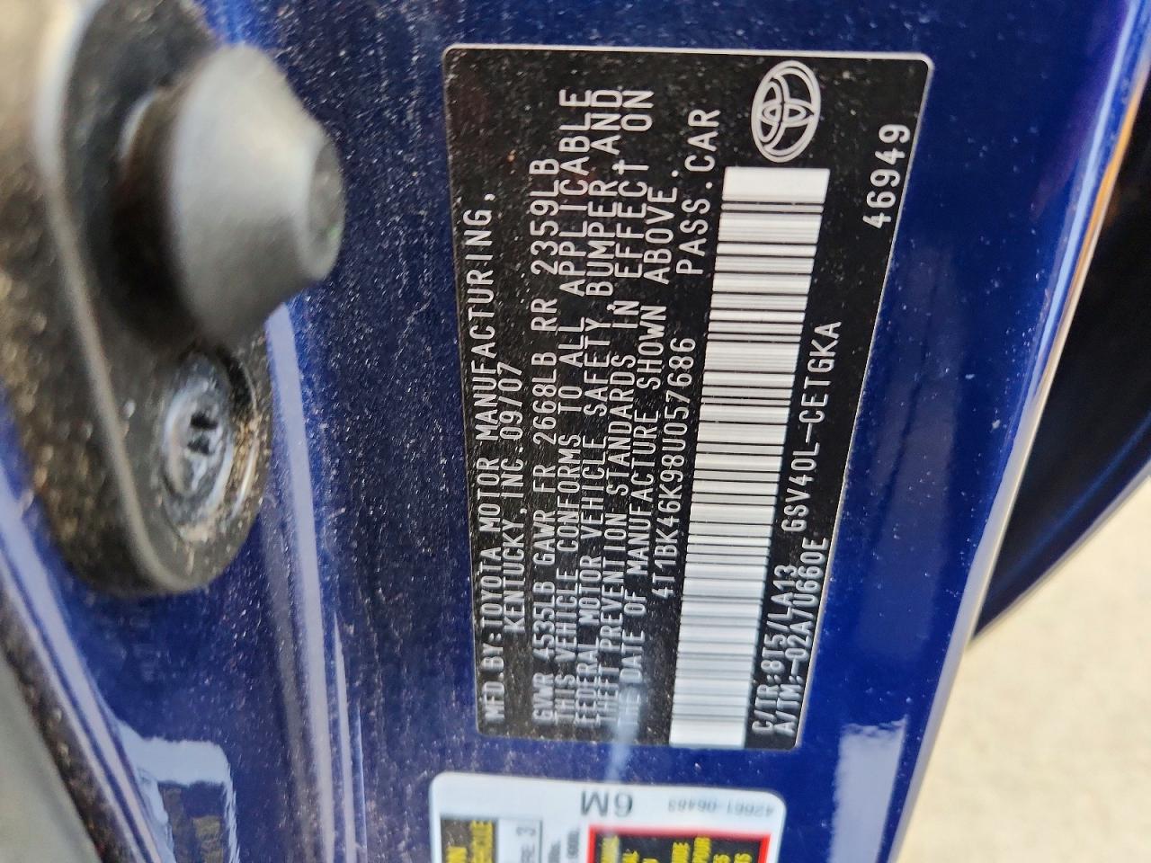 2008 Toyota Camry Xle V6 Blue vin: 4T1BK46K98U057686