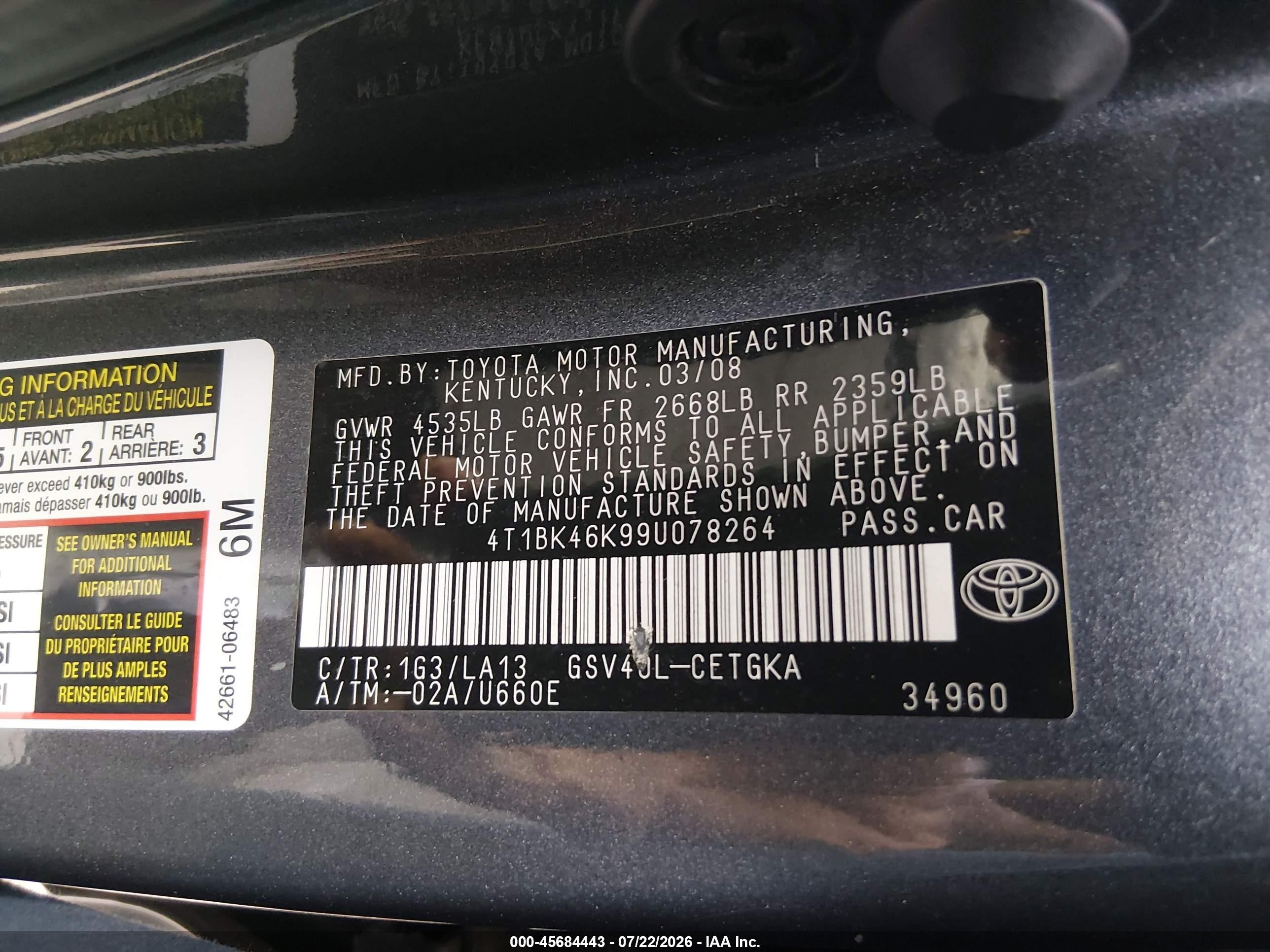 2009 Toyota Camry Xle V6 Black vin: 4T1BK46K99U078264